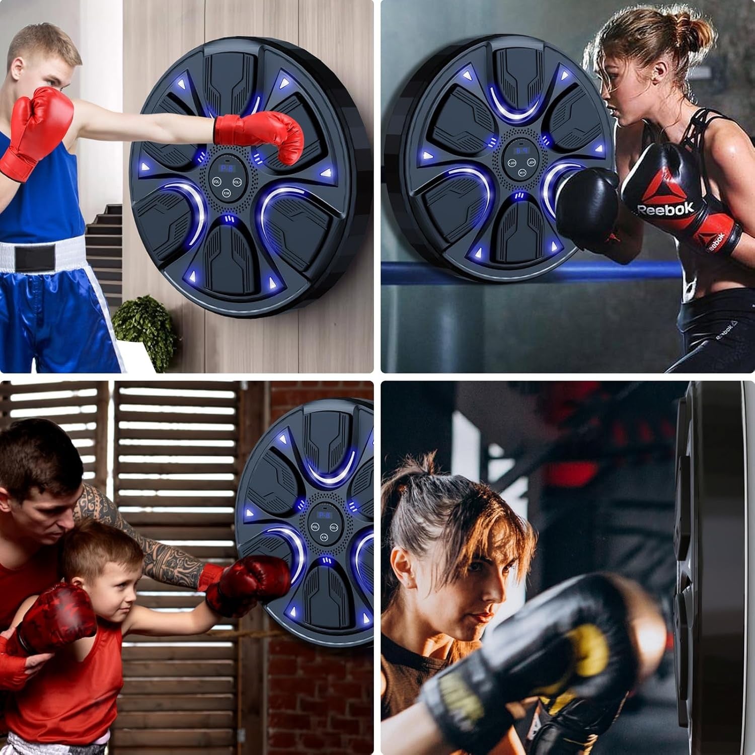 Music Boxing Machine Black Blue LED Wall Punch Trainer with Gloves
