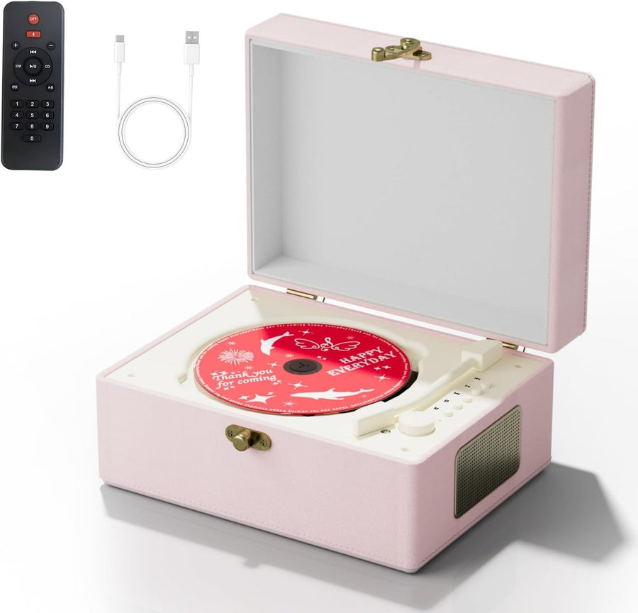 Portable Bluetooth CD Player Music Box w Speakers Rechargeable Pink