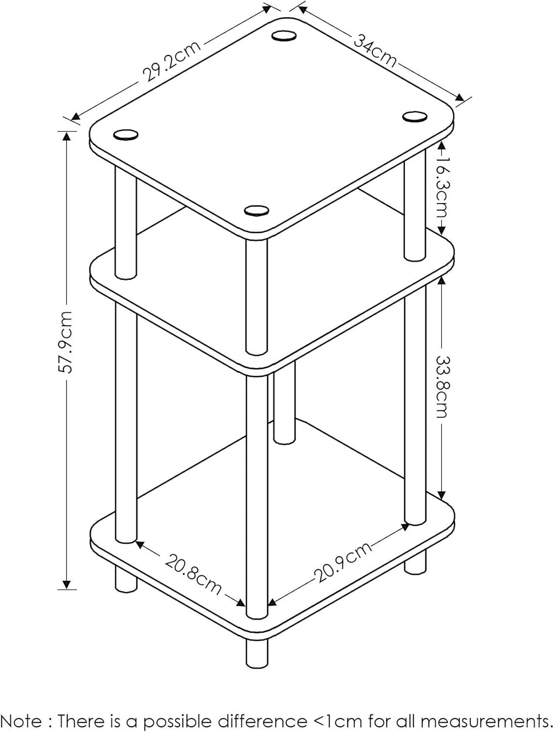 3-Tier End Table – 29x34x58cm Side Table Nightstand White w/ White Tube