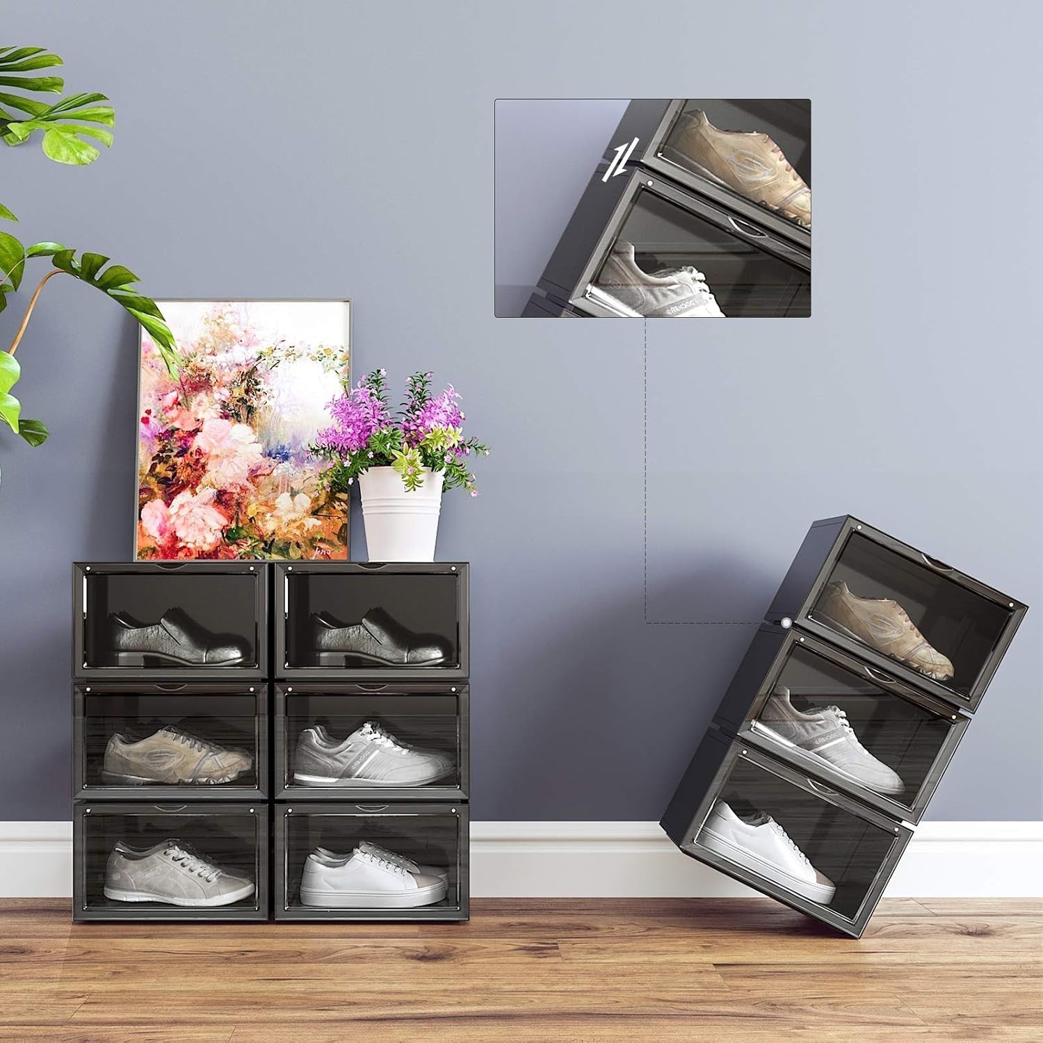 Set of 6 Stackable Shoe Boxes with Doors, Large Clear Plastic Storage.