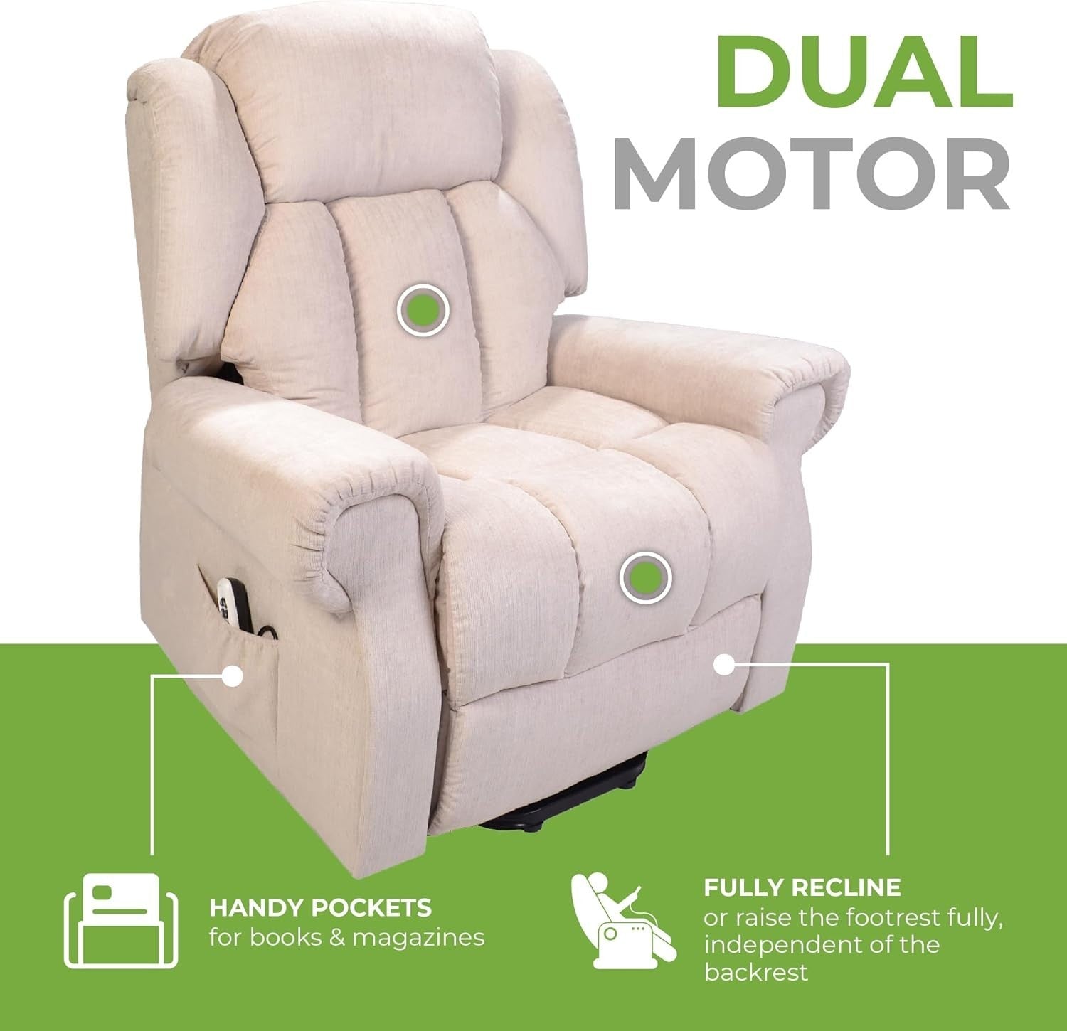 Dual Motor Lift Recliner Chair Heat Massage Riser Mobility Support Fabric Beige