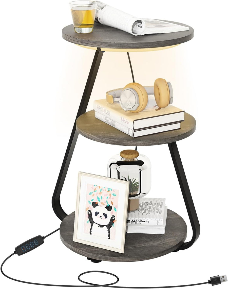 LED Bedside Side Table Grey – 3-Tier Round End Table with Storage & Lights