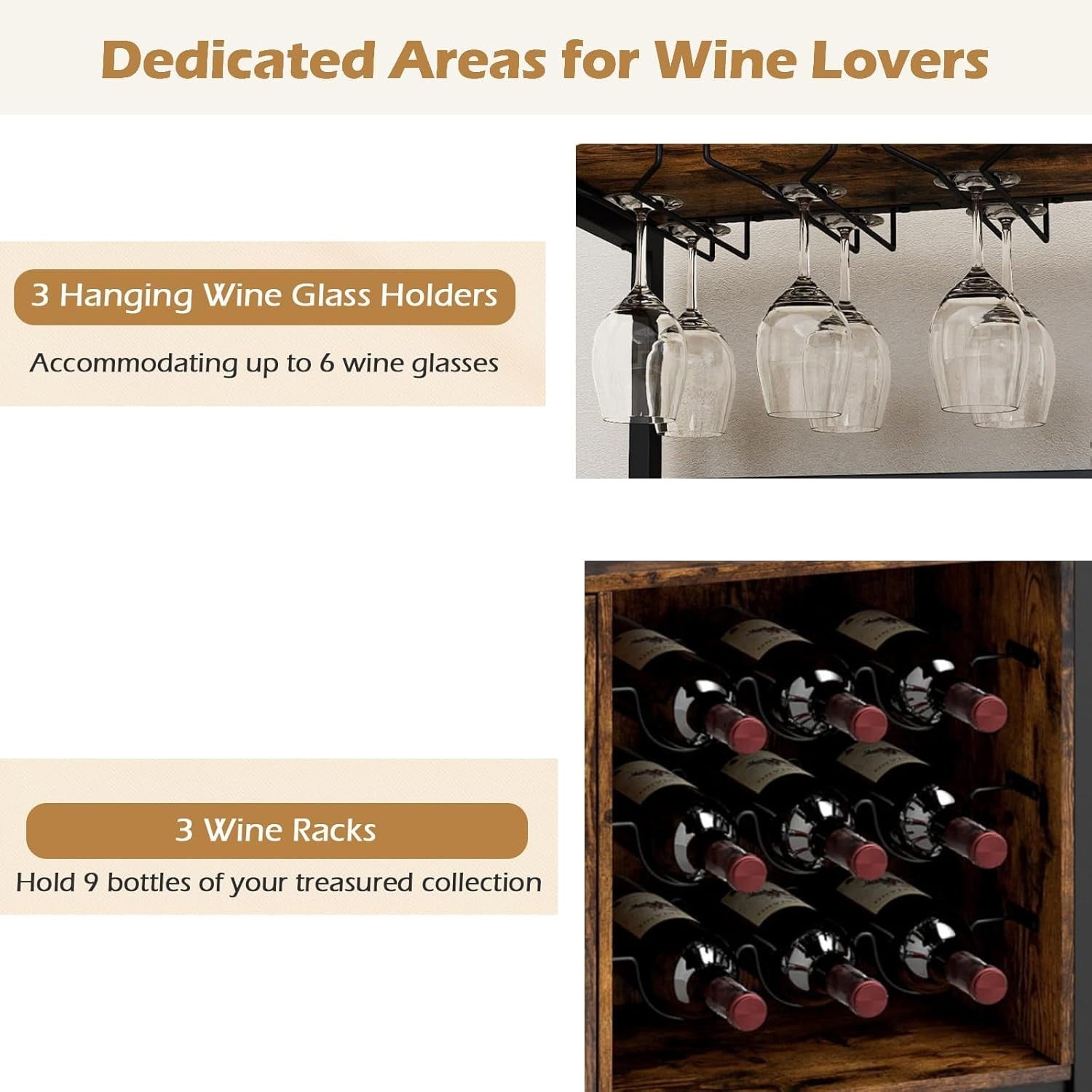 Rustic Industrial Wine Bar Cabinet with Wine Rack, Glass Holders & Storage