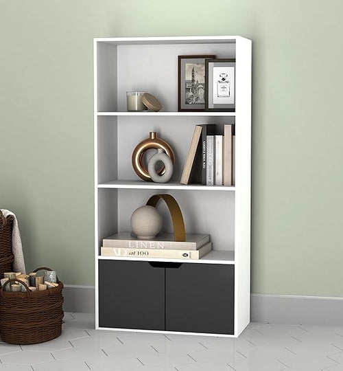 Modern White 4-Tier Wide Bookcase with Black Door Cupboard – Shelf Storage Unit