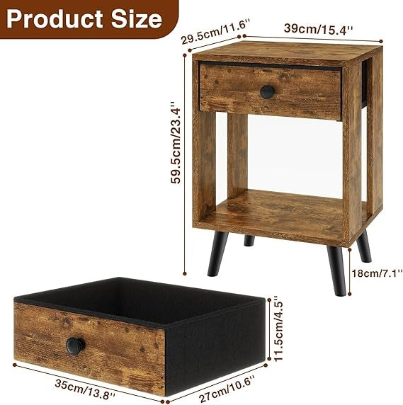 Rustic Bedside Tables Set of 2, Modern Nightstands with Drawer & Shelf, Solid