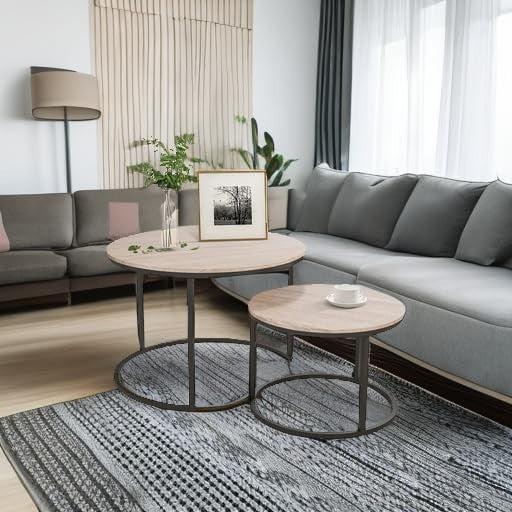 Round Coffee Table Set of 2 End Tables Living Room Stackable Wood Metal Oak