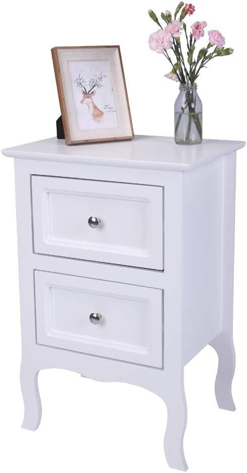 Set of 2 White Wooden Bedside Tables with 2 Drawers Bedroom Storage Units