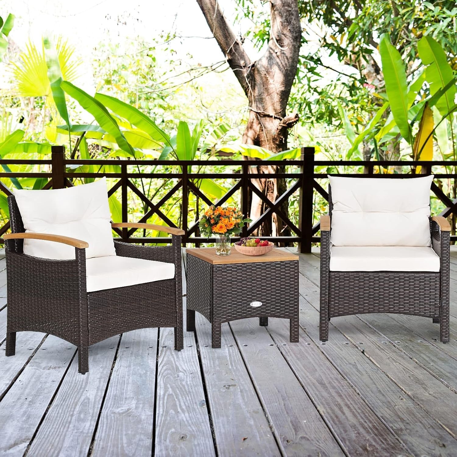 3-Piece Outdoor Rattan Sofa Set with Cushions & Acacia Wood Table Patio Garden