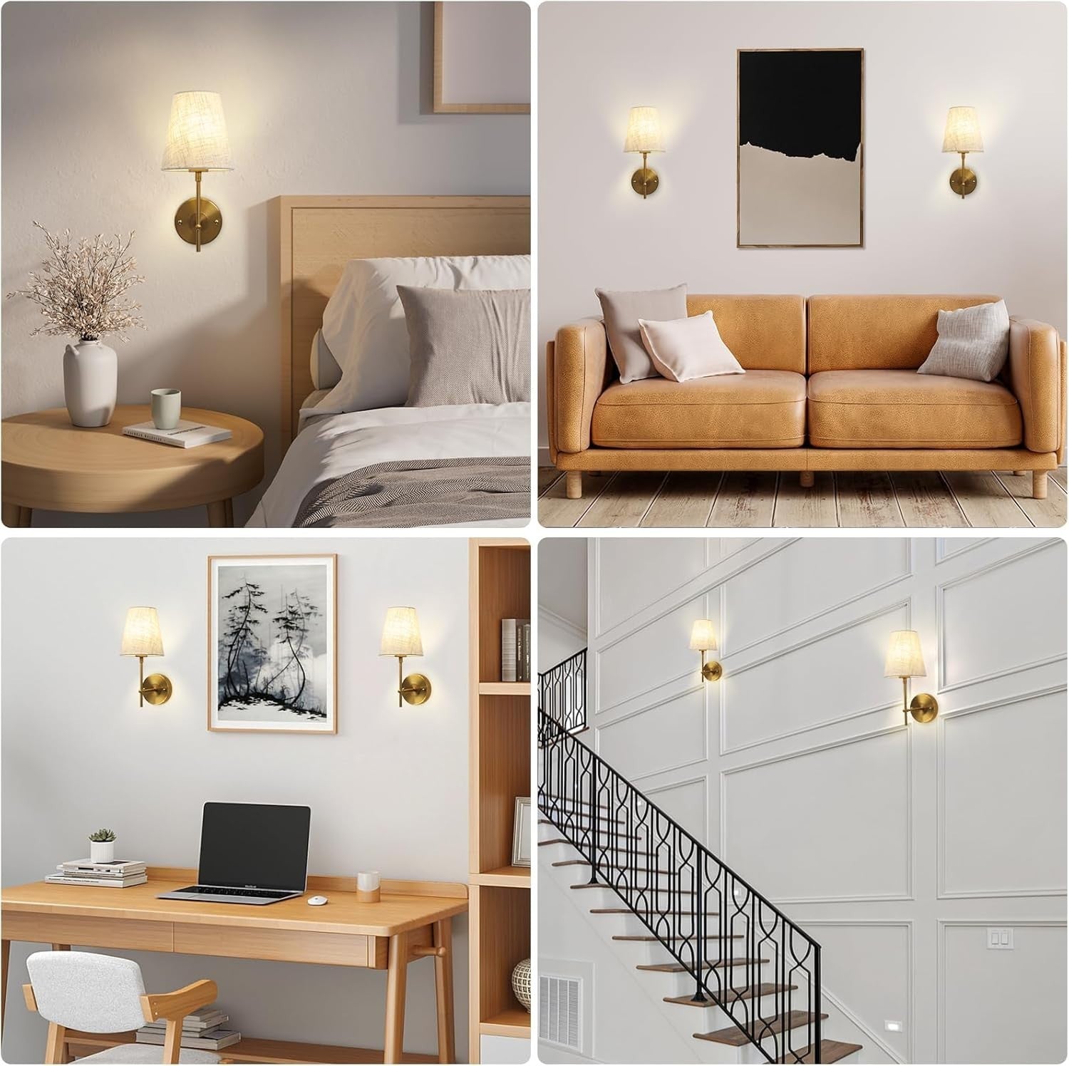 Brass Wall Lamps 2-Pack with Linen Shades | Dimmable Retro Bedroom & Hallway