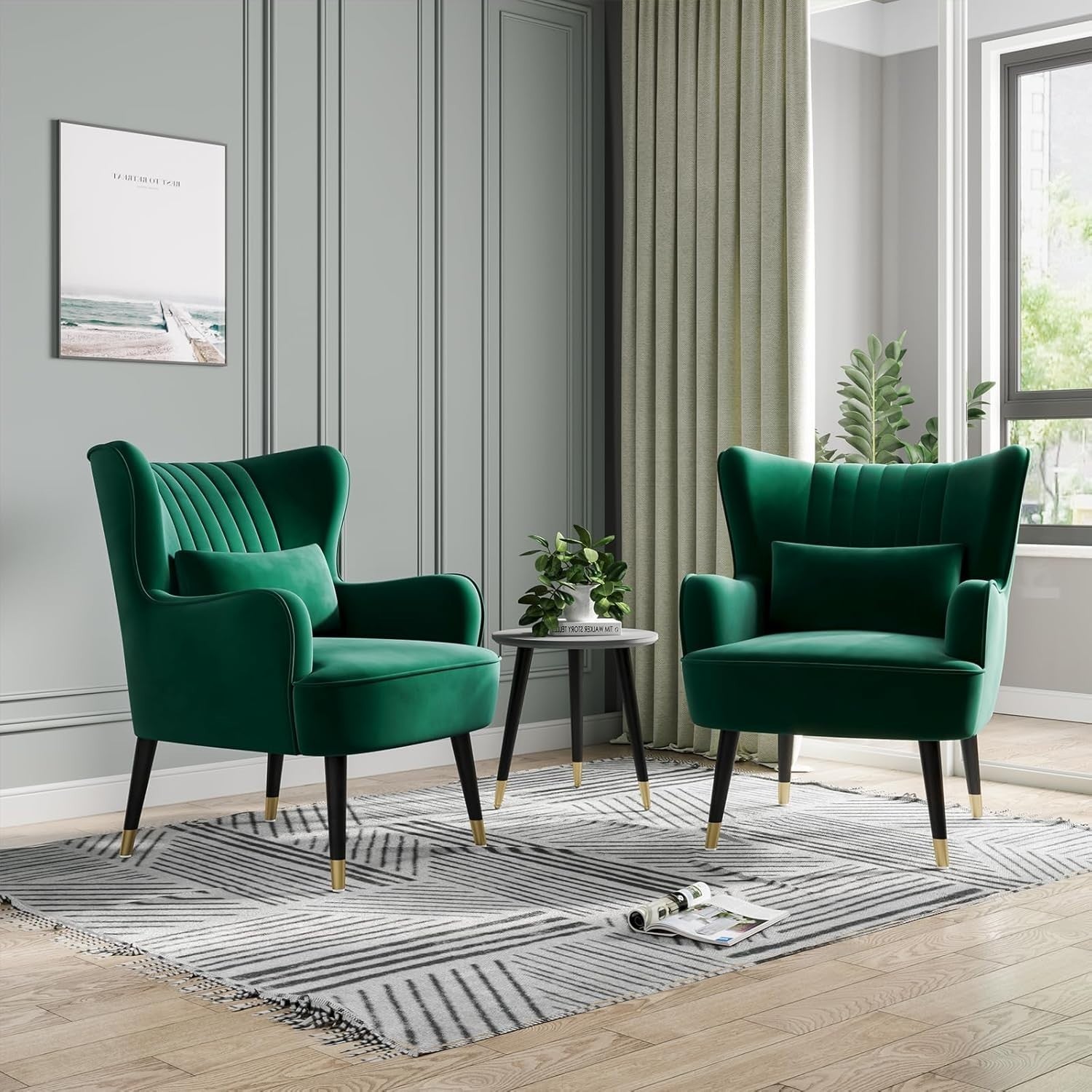 Velvet Armchair Lounge Chair with Lumbar Pillow – Modern Green Accent