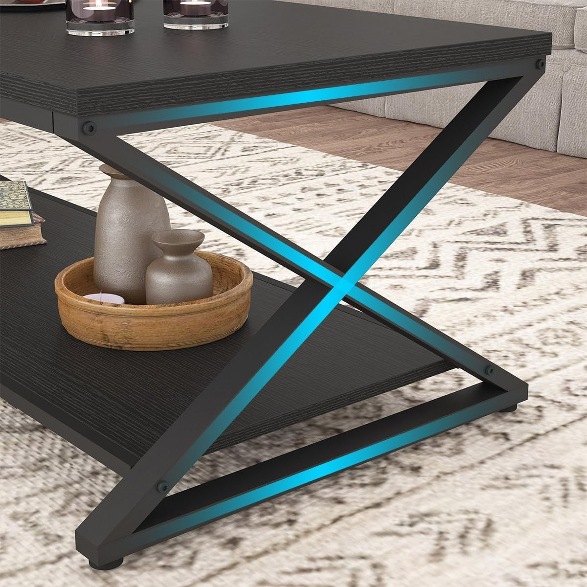 Industrial Black Coffee Table with Storage Shelf – Modern 47" Metal Wood Design