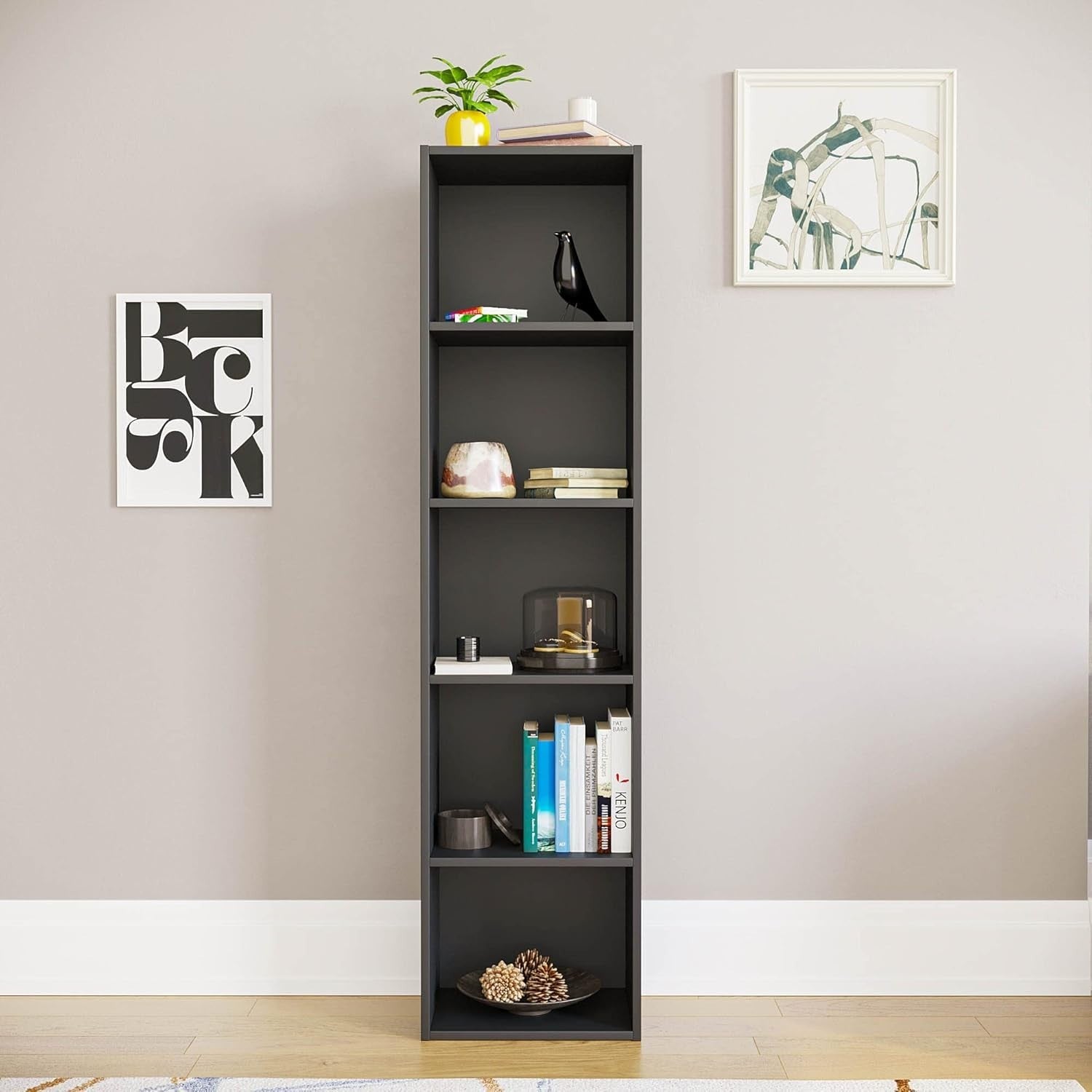 5 Tier Black Wooden Cube Bookcase Small Storage Shelf for Living Room Office