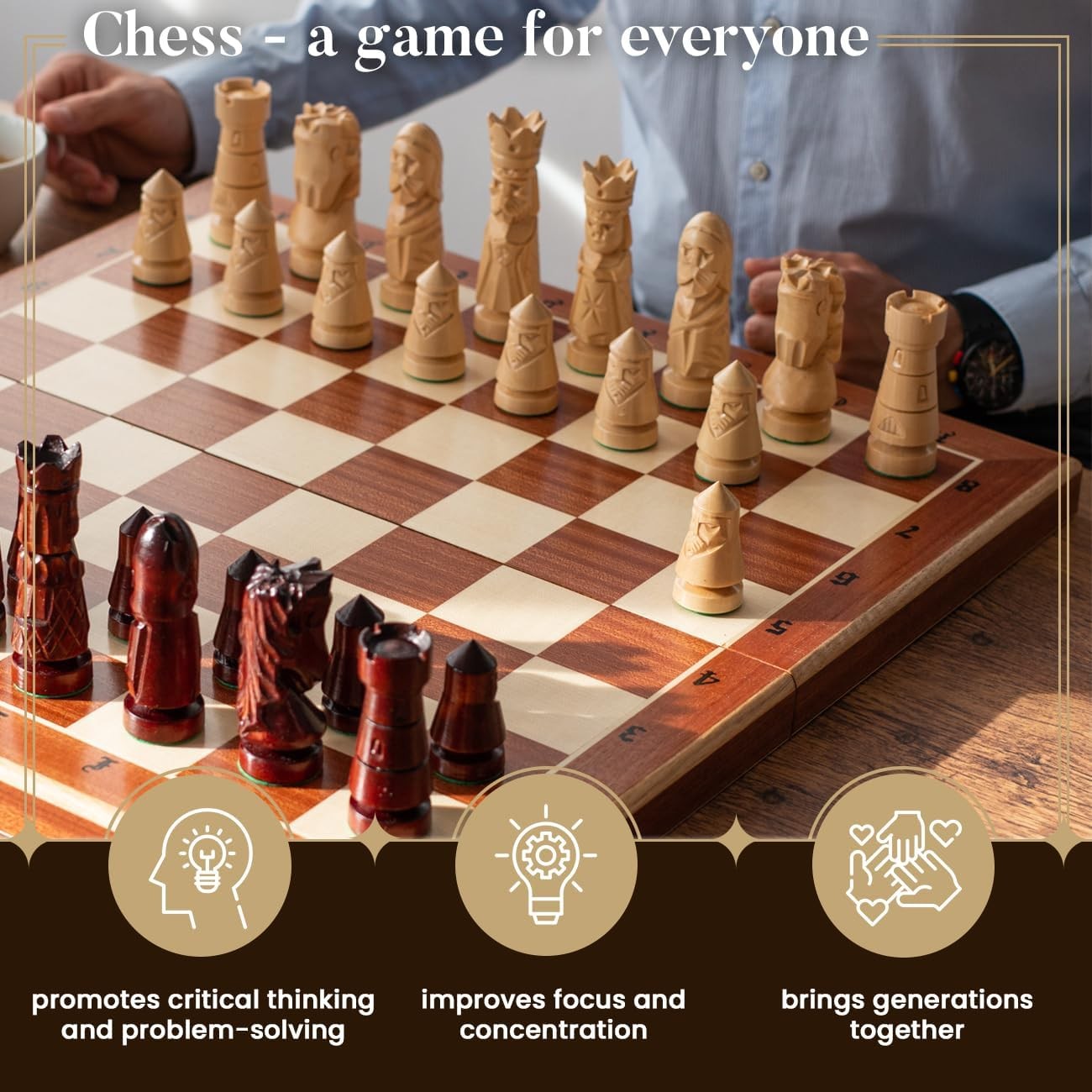 60cm XXL Luxury Inlaid Wooden Chess Set – Handcrafted Board & Tall Weighted Piec