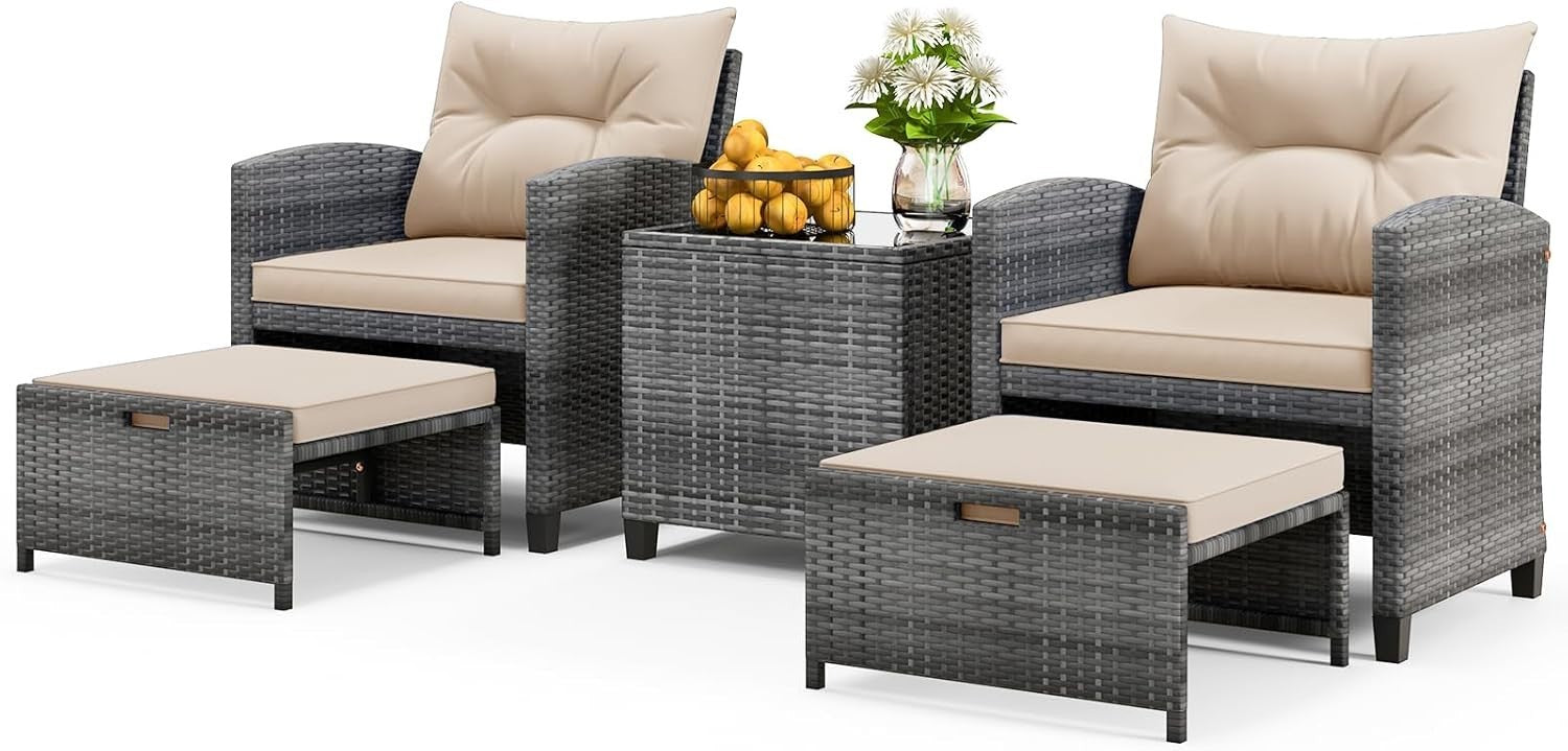5 Piece Rattan Garden Sofa Set with Removable Cushions Patio Conversation