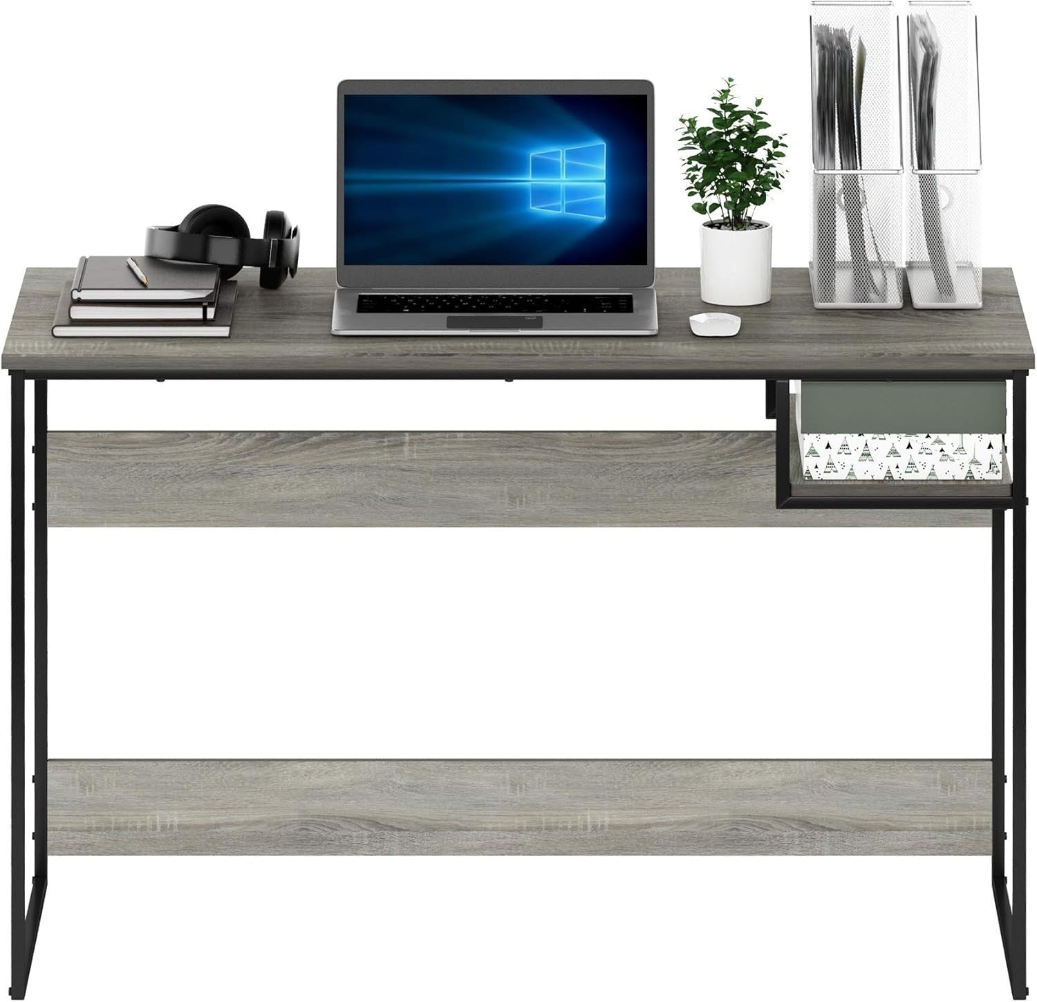 Rustic Oak Grey Study Desk with Shelf 114x51x75cm Home Office Computer Table