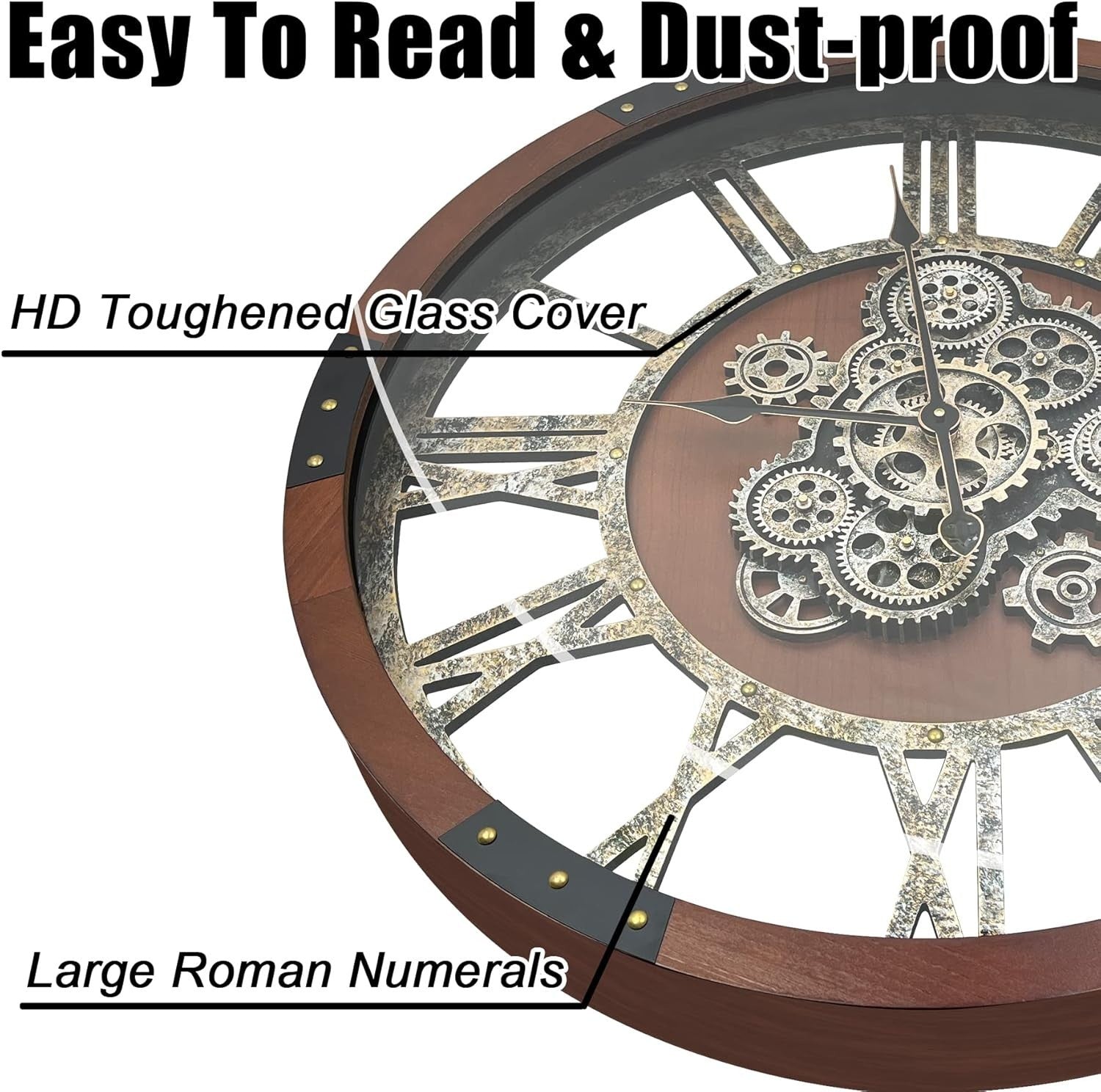 27" Steampunk Wall Clock Wood Industrial Moving Gears Silent Retro Decor