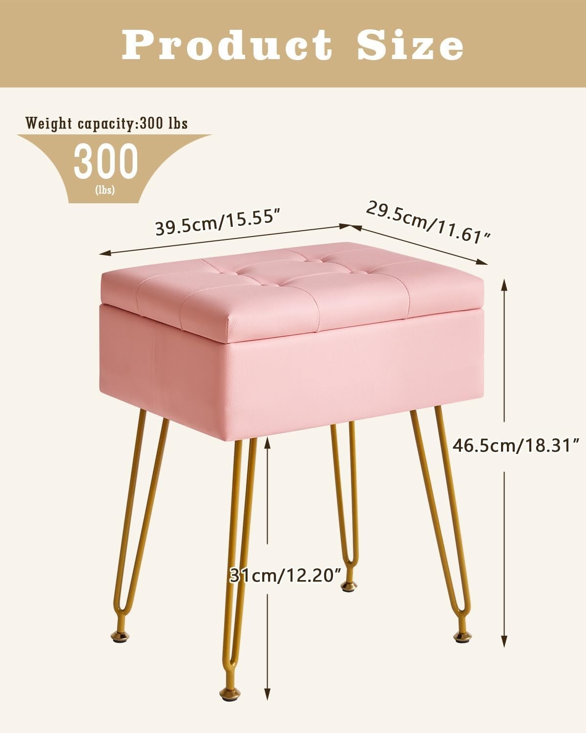 Pink PU Leather Vanity Stool with Storage & Flip Tabletop – Adjustable Legs