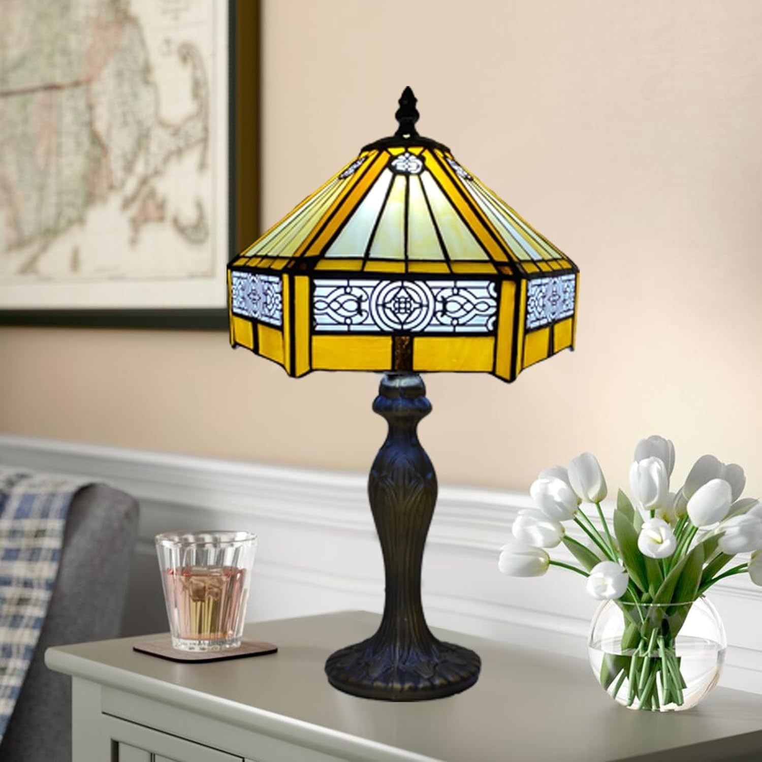 Antique Tiffany Table Lamp Stained Glass Hexagon Shade for Living Room