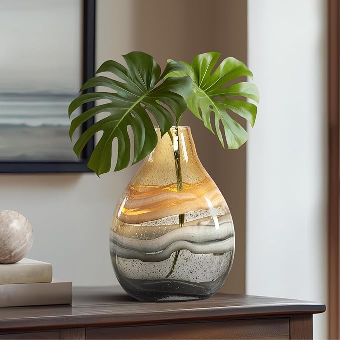 Amber Swirl Glass Vase Short Hand Blown Bulb Table Decor Modern Accent