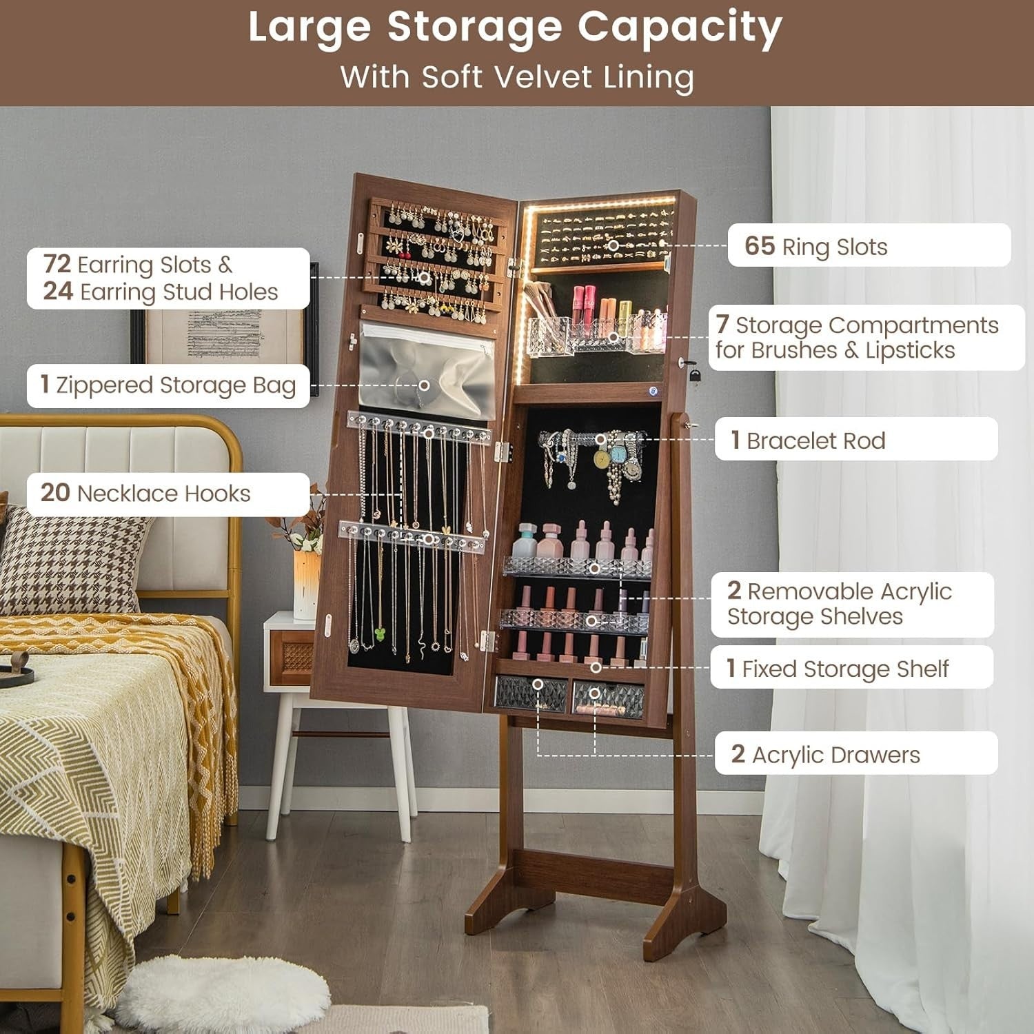Rustic Brown LED Jewellery Cabinet Full Length Mirror Adjustable Lockable