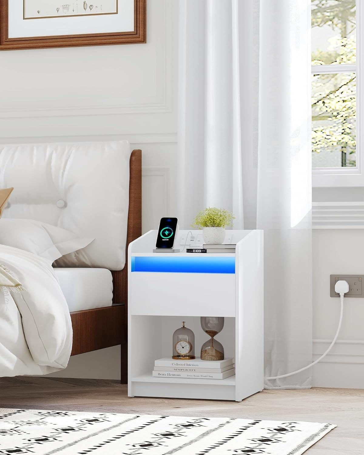 Set of 2 LED Bedside Tables with Charging Ports – White Nightstands with Drawer
