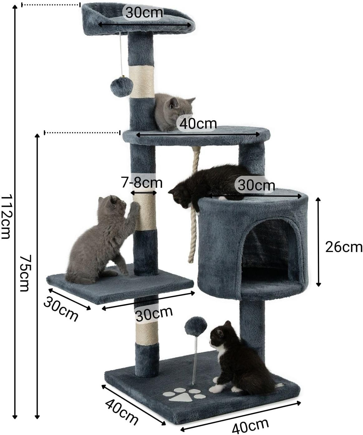 Cat Tree Scratching Post 112cm with Condo Sisal Rope Dark Grey Tower
