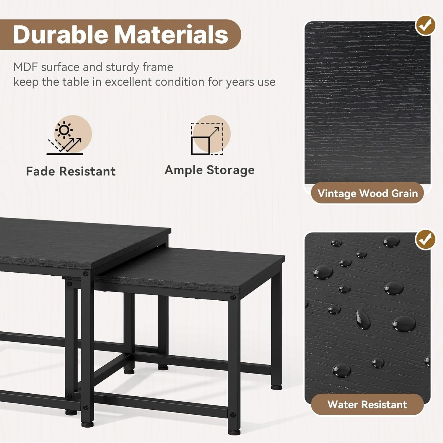 Square Nesting Coffee Tables Set of 2, Wood Grain Tops & Metal Frame, Space