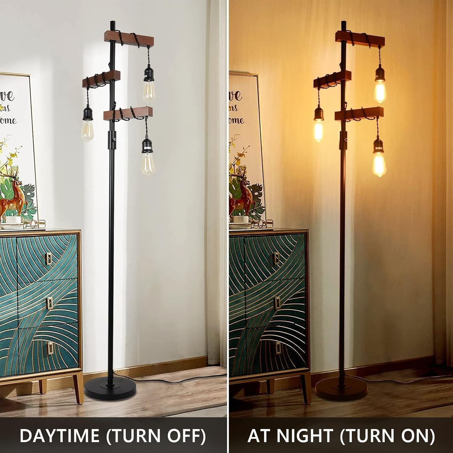 Industrial 3 Light Wooden Floor Lamp E27 Vintage Tree Standing Light