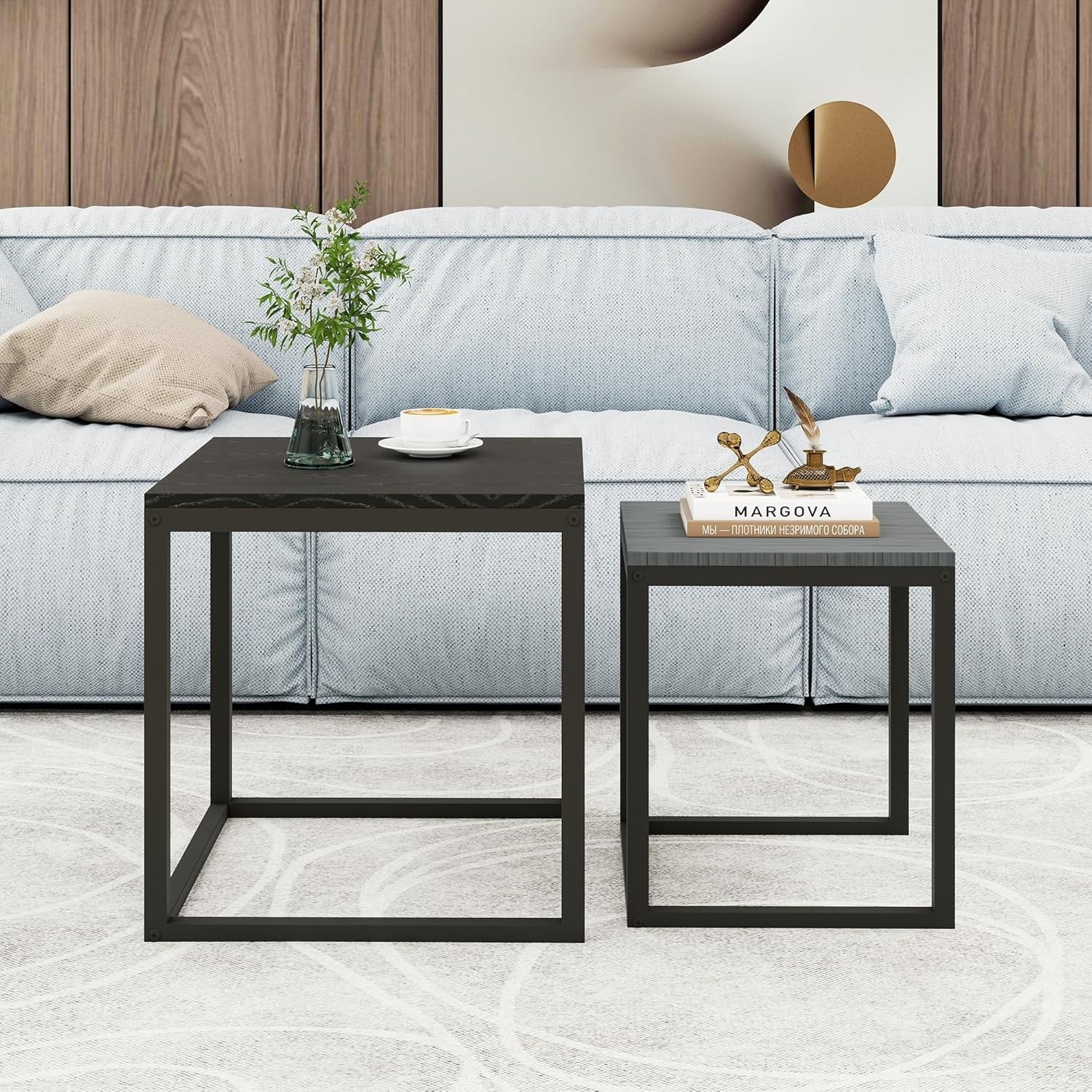 Nesting Coffee Table Set Black Grey Metal Wood Modern Living Room End Side