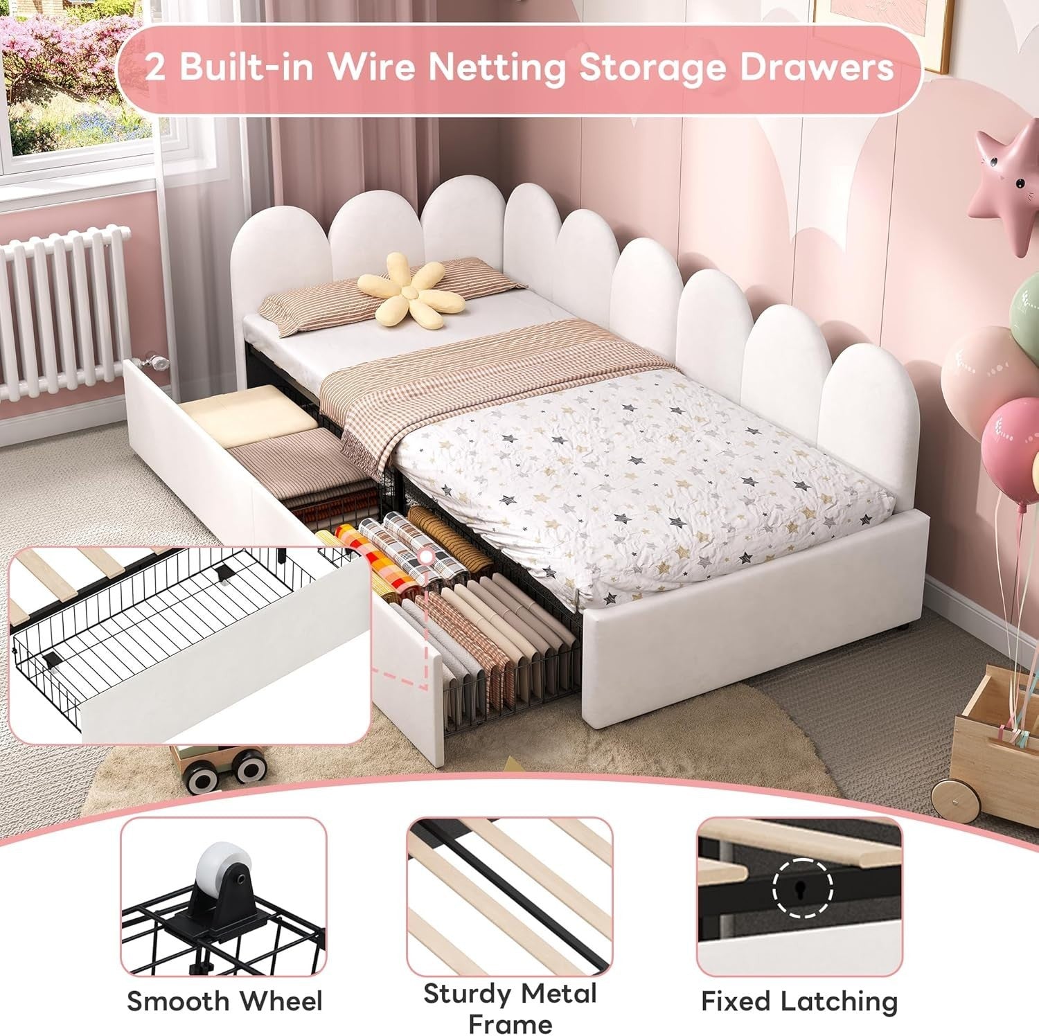 3FT Velvet Daybed w/ Storage Drawers Single Sofa Bed Kids Guest Room