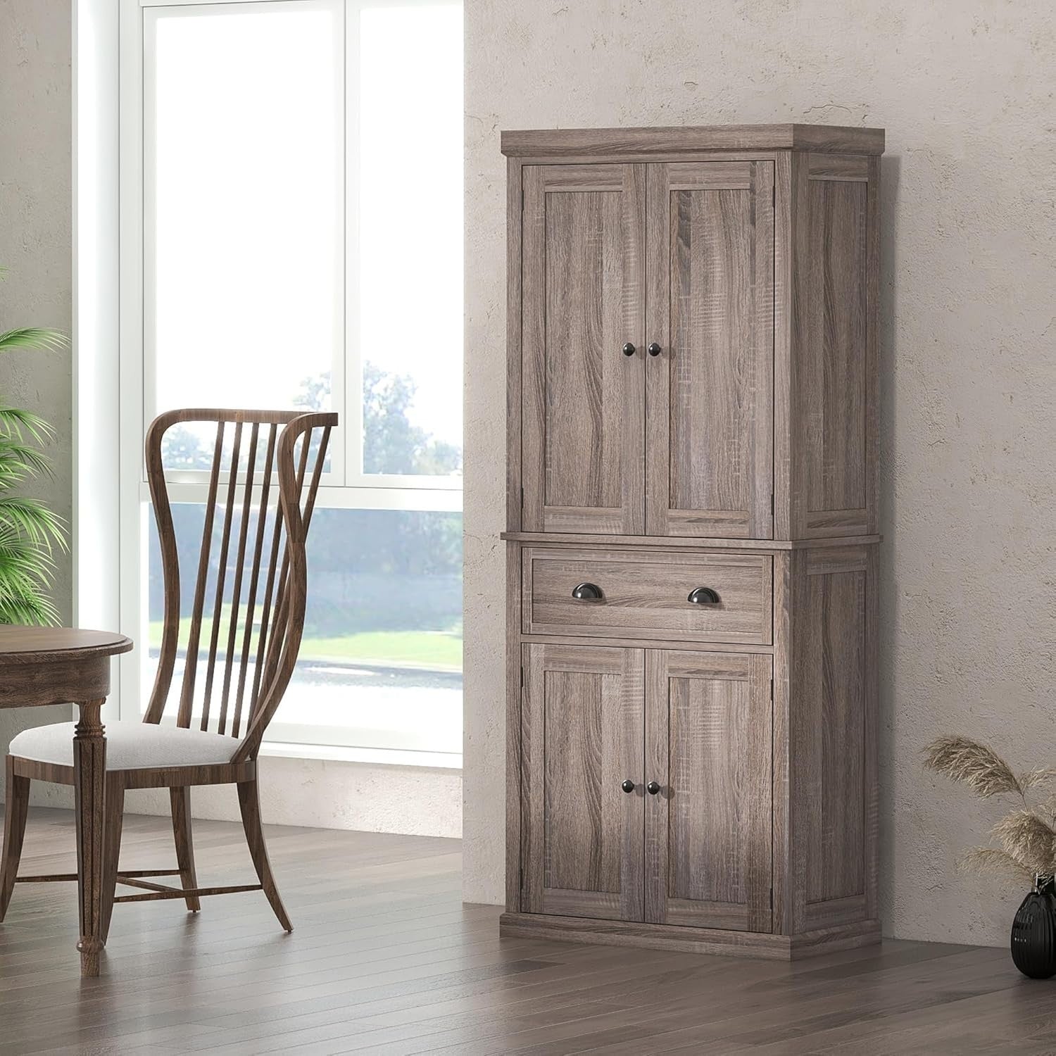 Dark Wood Tall Kitchen Cupboard 184cm Pantry Storage Cabinet Shelves