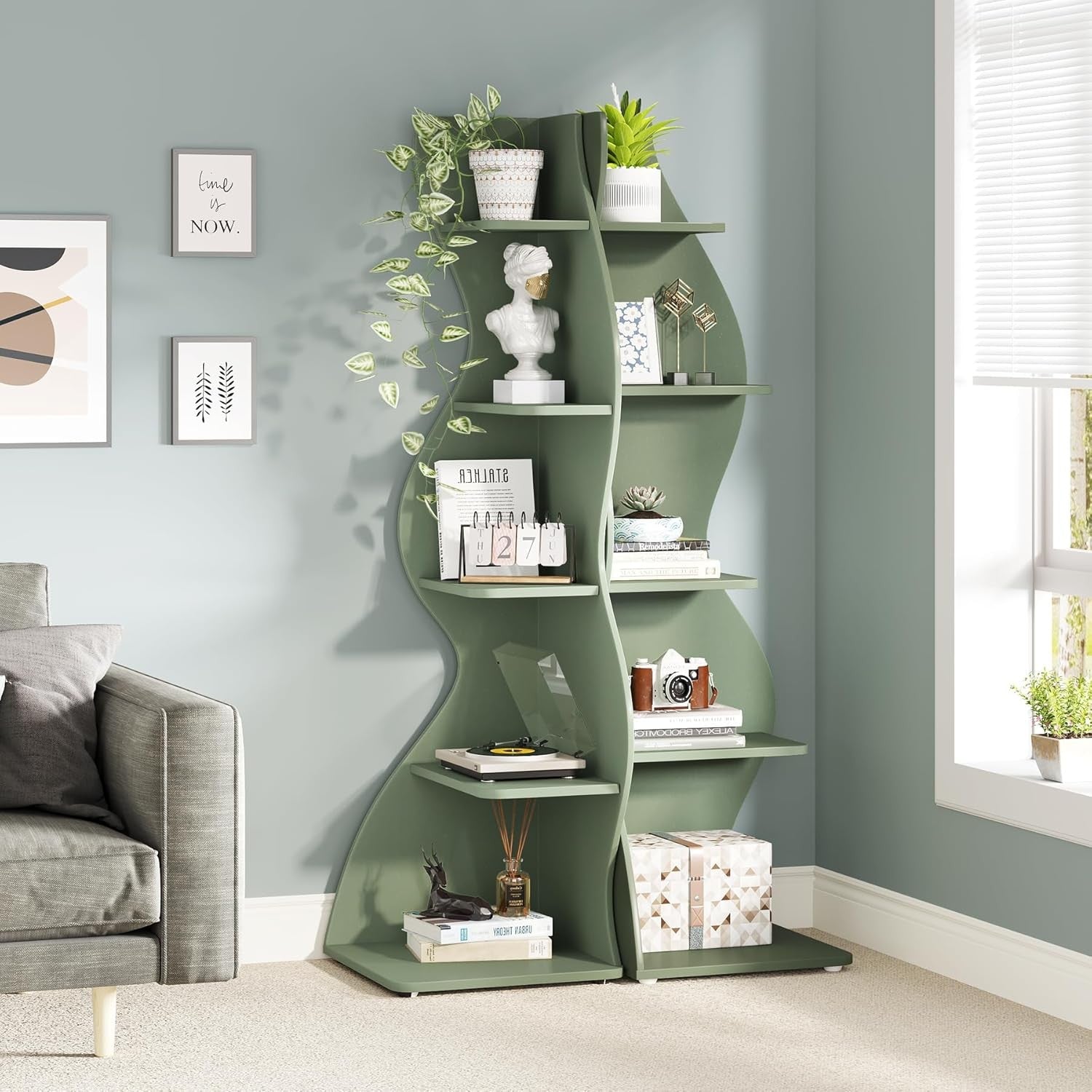 2PC Modern 5-Tier Wave Corner Bookshelf Set – Space-Saving Wall Display Shelves