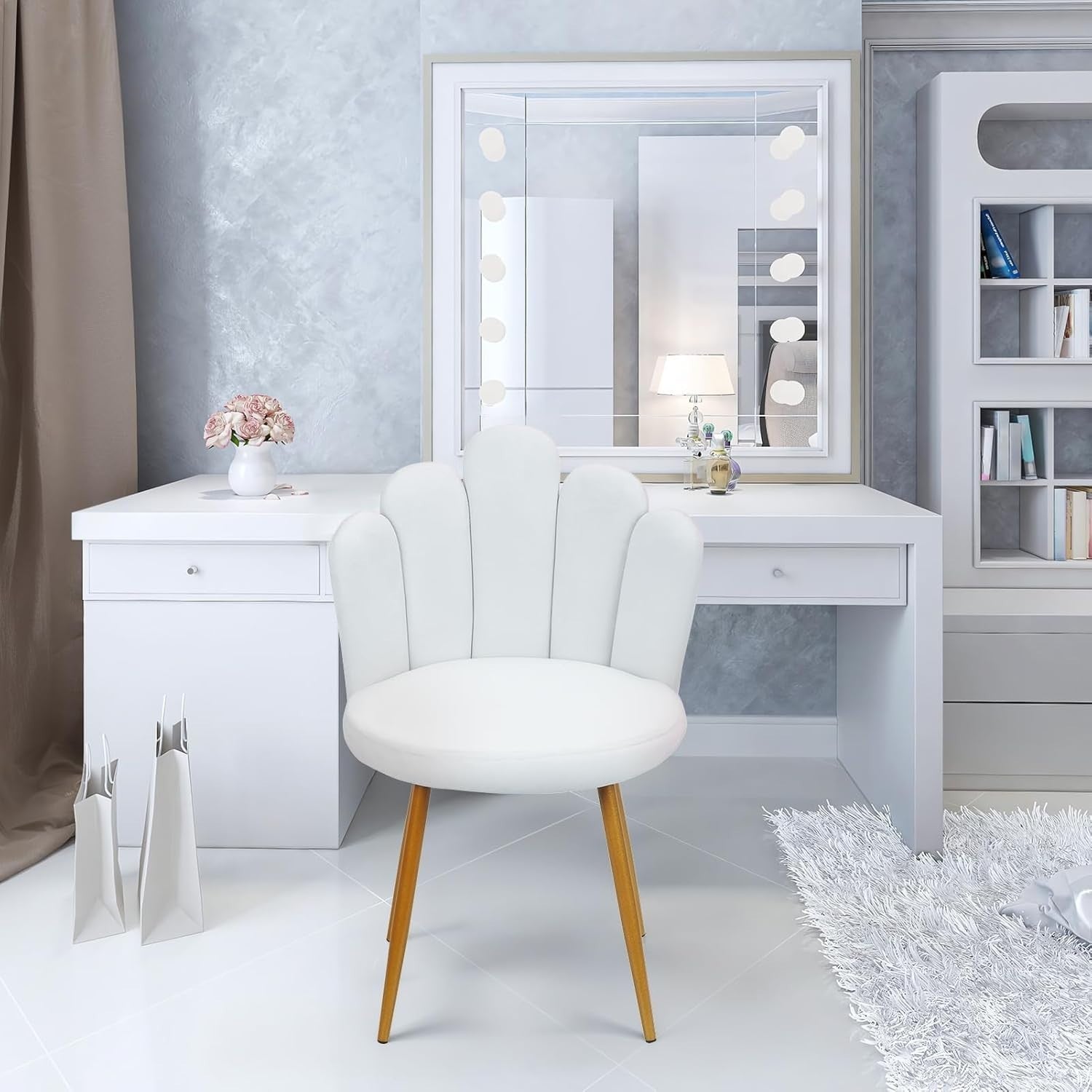 White Petal Vanity Chair Mid-Century Flannel Makeup Stool with Gold Legs