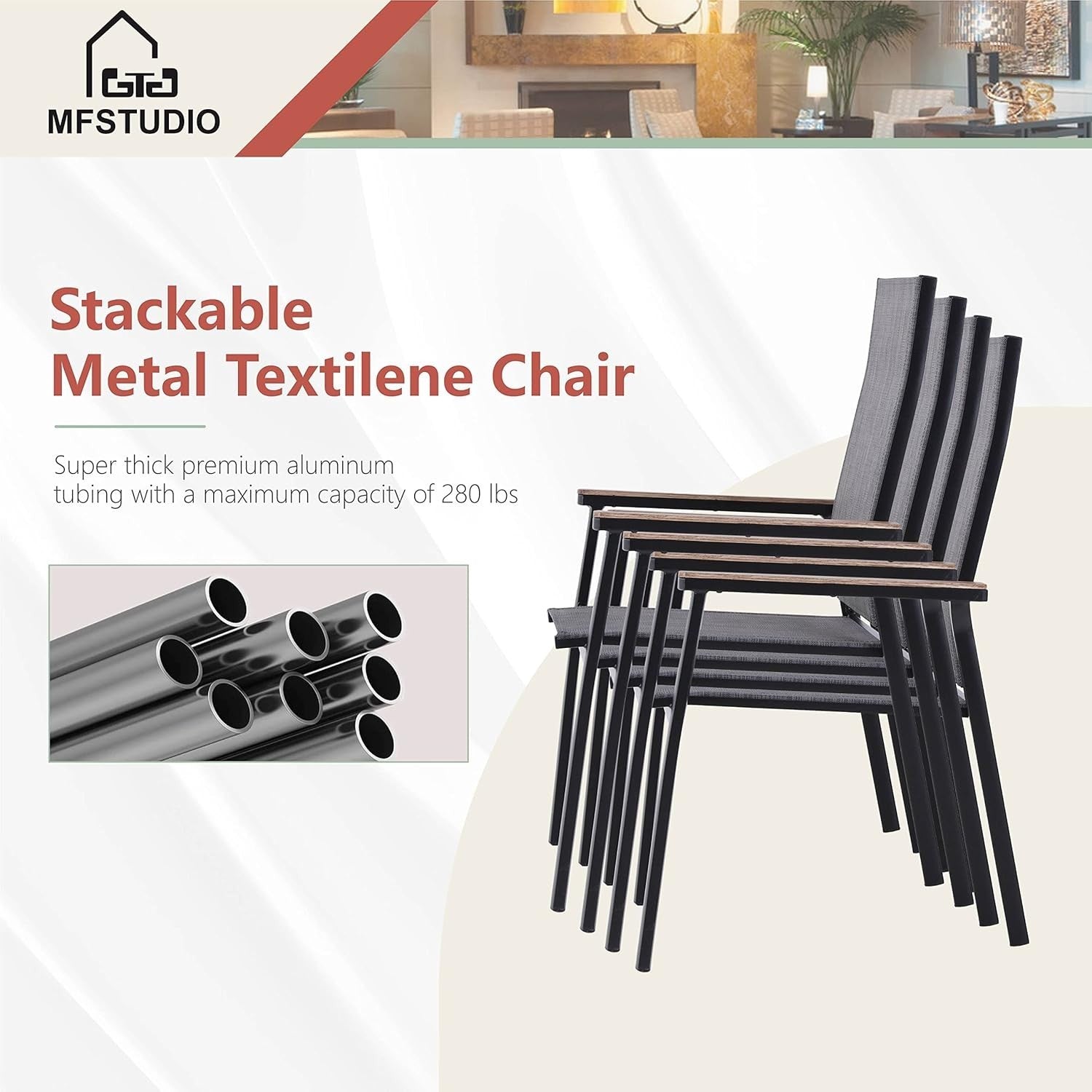 4 Pack Aluminium Patio Dining Chairs Stackable Textilene Garden Seats Grey