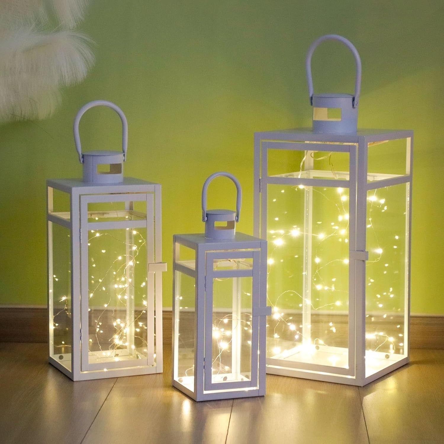 TRIROCKS Set of 3 White Metal Lanterns Outdoor Candle Holders