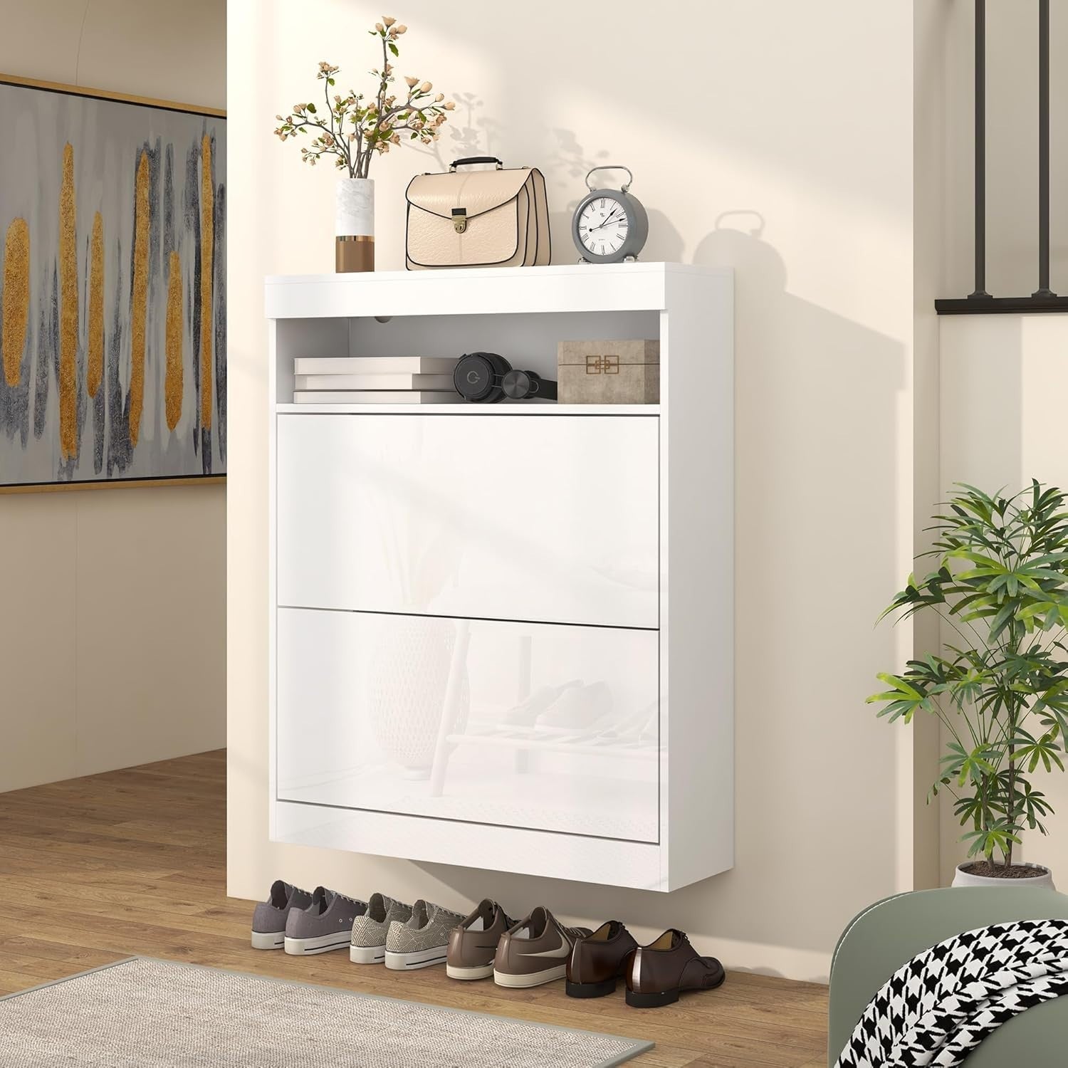 Slim Shoe Cabinet 12-16 Pair Storage with Flip Drawers & Adjustable Shelves
