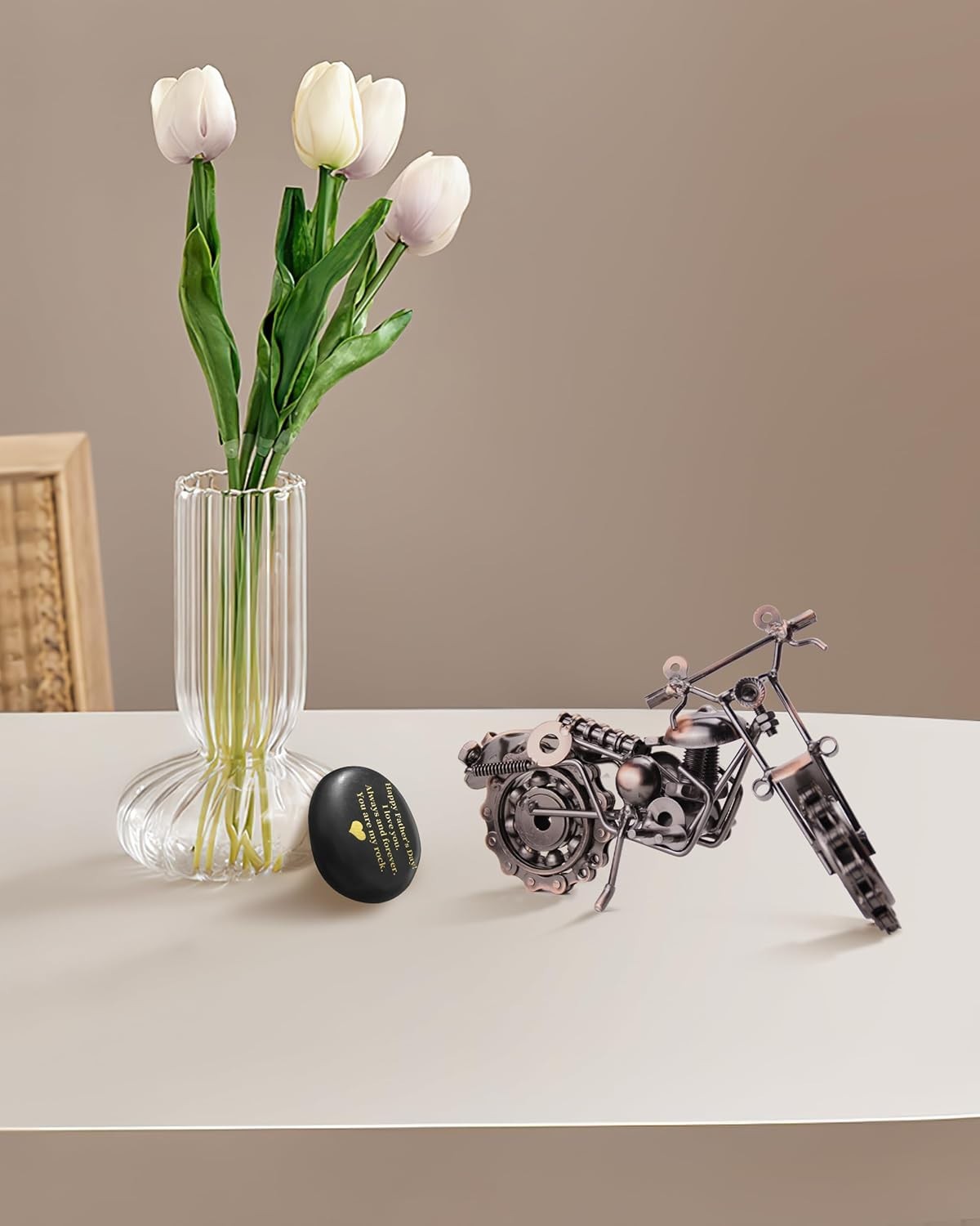 Retro Motorcycle Desk Ornament with Message Rock – Unique Gift for Dad or Him