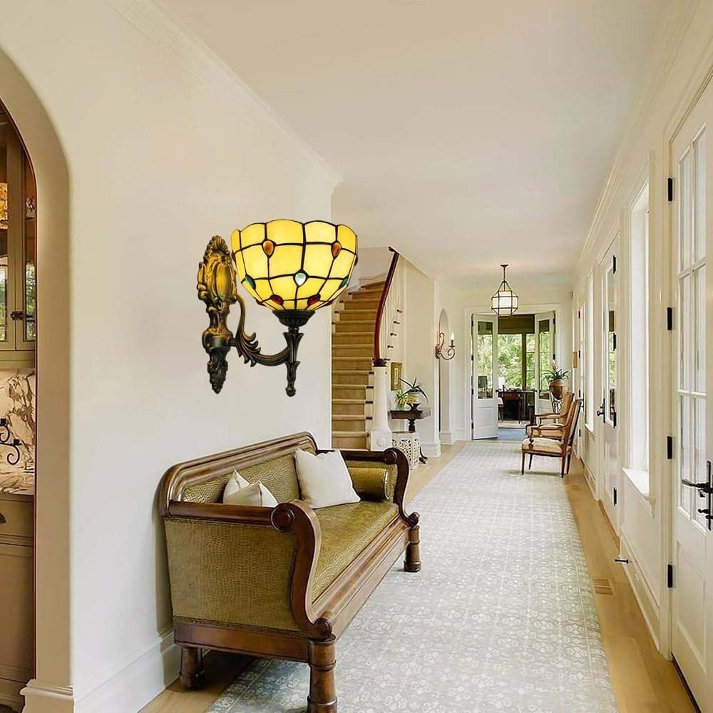 Vintage Indoor Wall Lamp Stained Glass Shade Sconce for Bedroom & Staircase