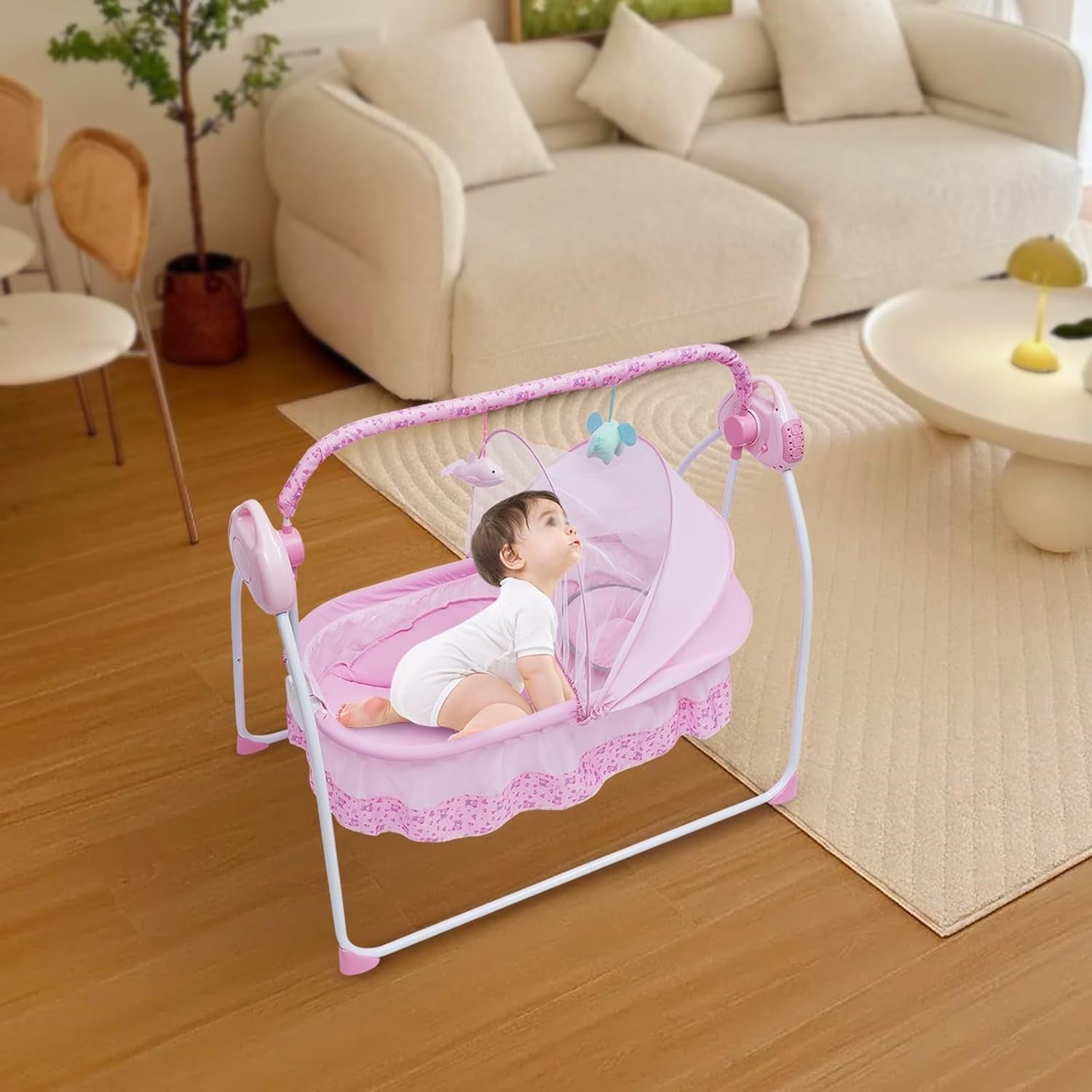 Electric Baby Cradle Swing with Music Timer Remote Travel Bassinet Pink