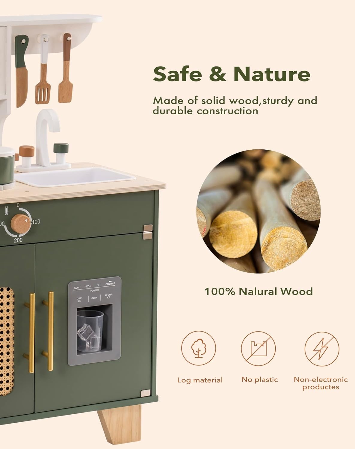 Wooden Kids Play Kitchen w/ Ice Dispenser Vintage Green Toy