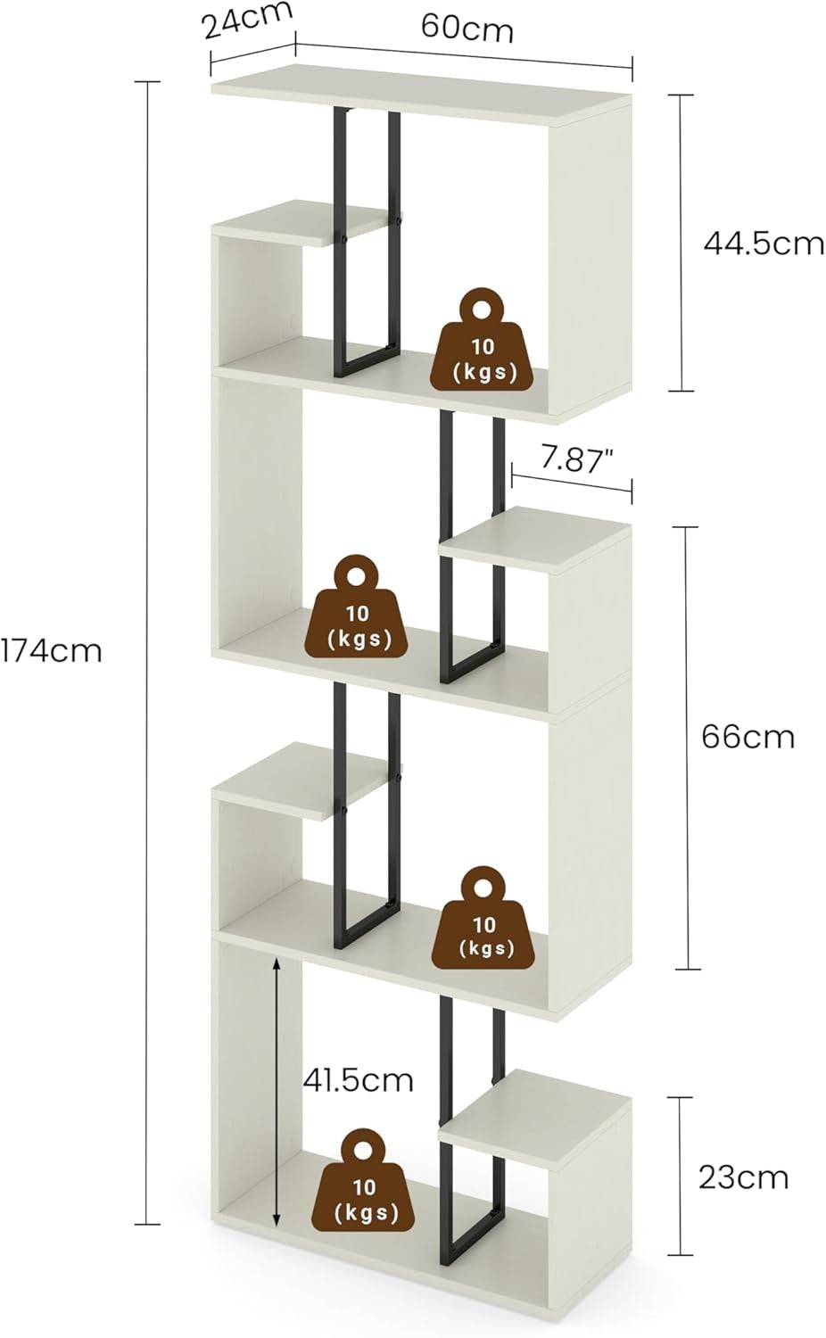 White 4-Tier Slim Bookcase Room Divider, Asymmetric Display Storage Shelf