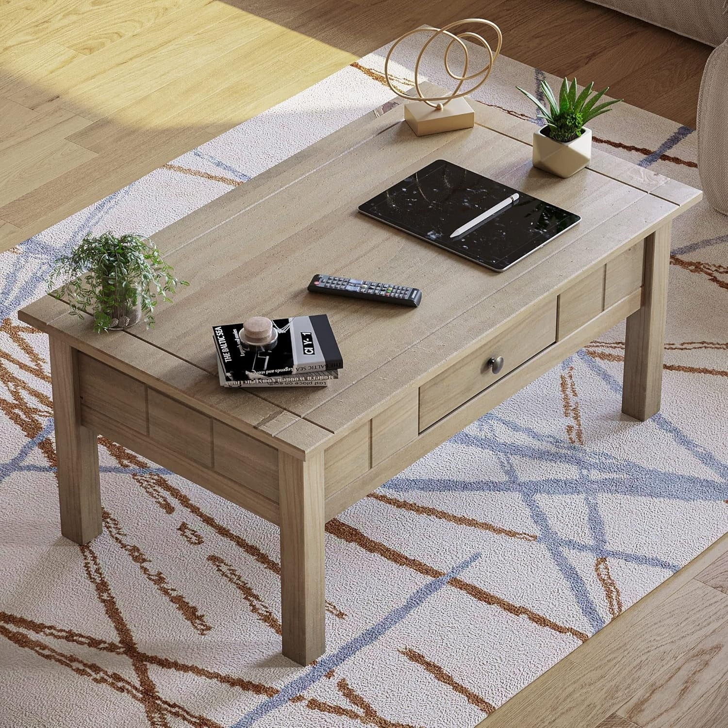 Rustic Natural Oak Coffee Table with Storage Drawer, Solid Pine Wood 60x100cm