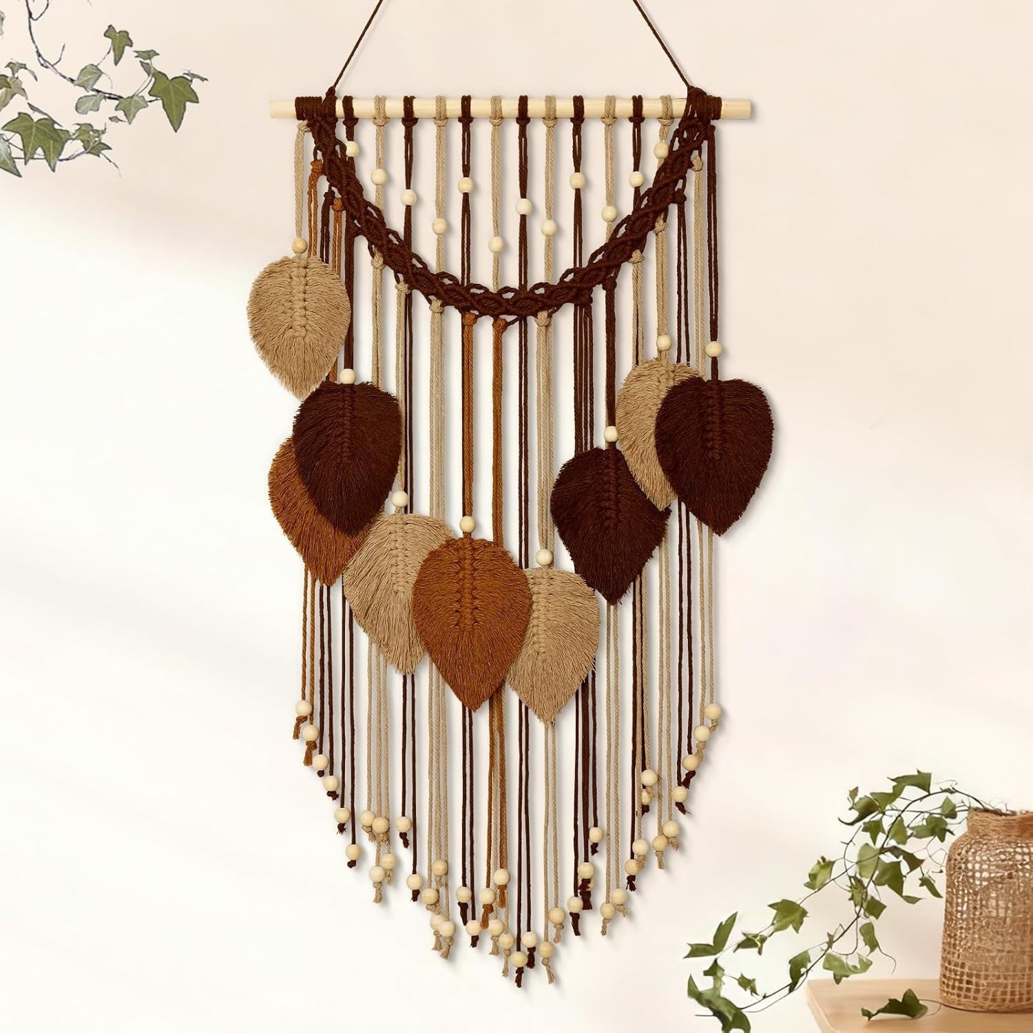 Macrame Wall Hanging Boho Leaf Woven Decor Khaki Brown