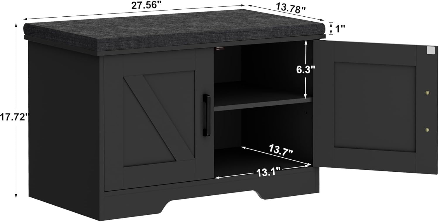 Black 2-Tier Shoe Bench with Cushion & Adjustable Shelf 70x35x45cm