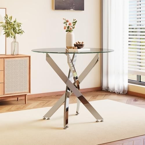 90cm Round Glass Dining Table with Chrome Legs Modern Small Kitchen Dining Table