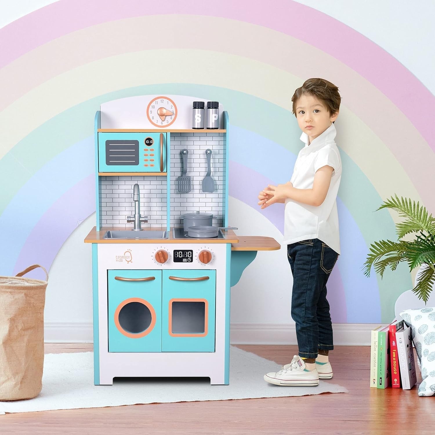 Retro Wooden Kids Play Kitchen Blue Pretend Cooking Toy Set