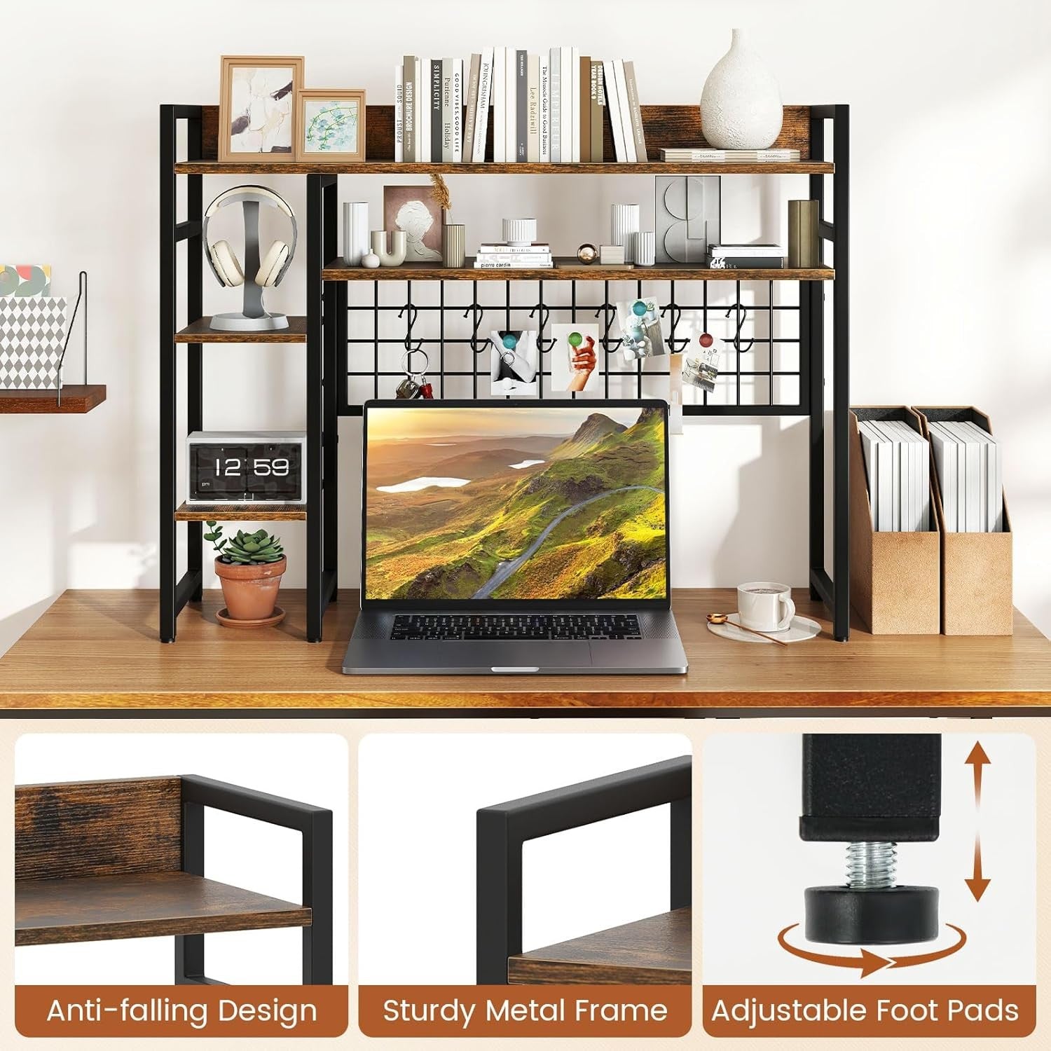 4-Tier Rustic Desktop Hutch Bookshelf Monitor Stand with Hooks Desk Organizer