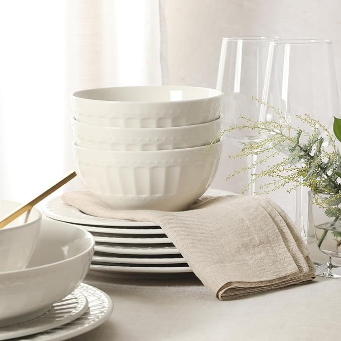 16pc White Embossed Dinnerware Set Plates Bowls Pasta Dish Service for 4