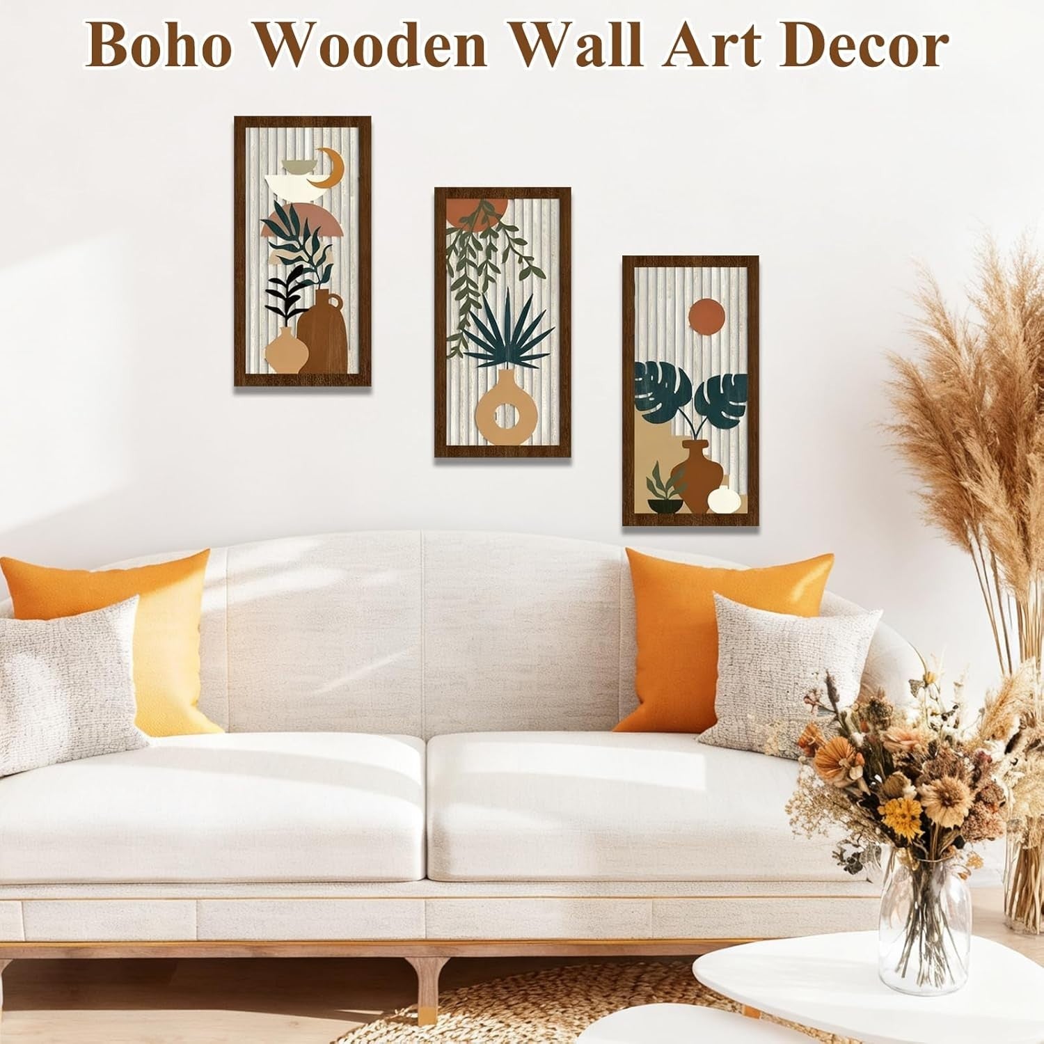 3 Pack Boho Wooden Wall Art Natural Wood Hanging Decor