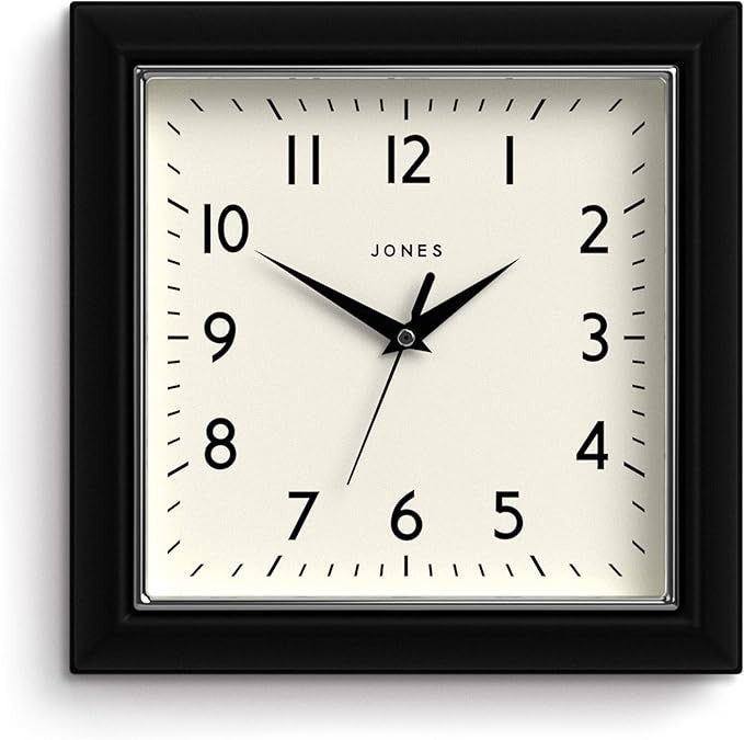 Black Retro Square Wall Clock 25cm Silent Quartz Easy Read Modern Kitchen Office